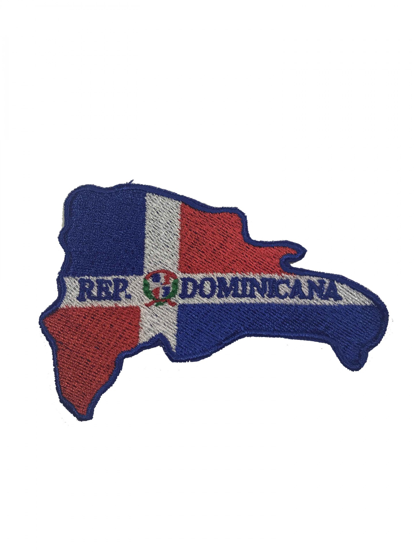 Pach bordado do mapa da República Dominicana com bandeira e texto.