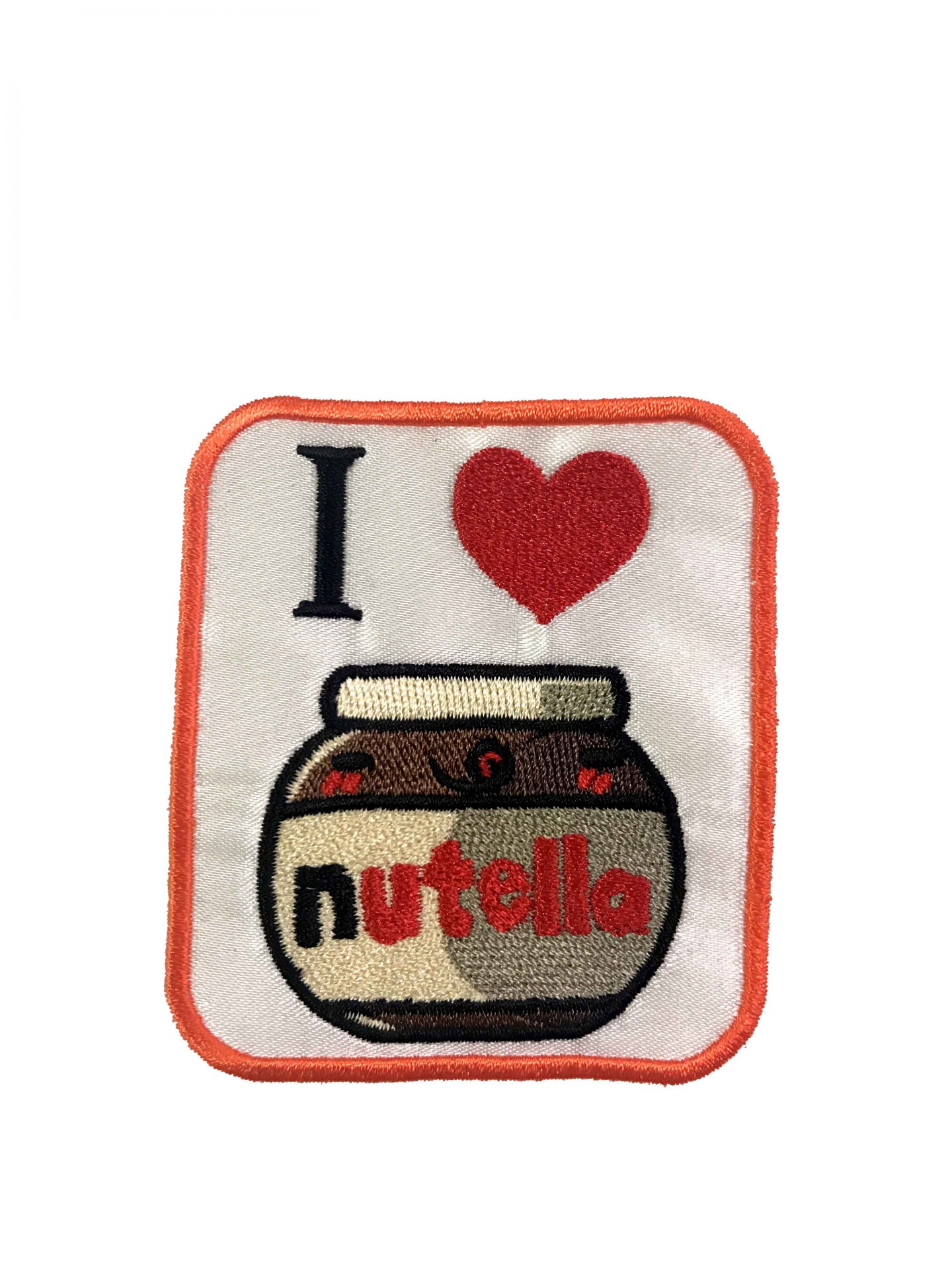 Emblema bordado com texto 'I ♥ nutella' e frasco de Nutella