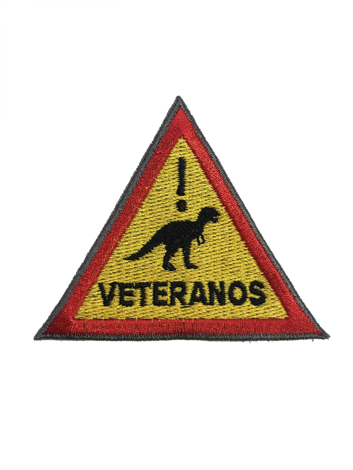 Emblema triangular bordado com dinossauro e texto ¡VETERANOS