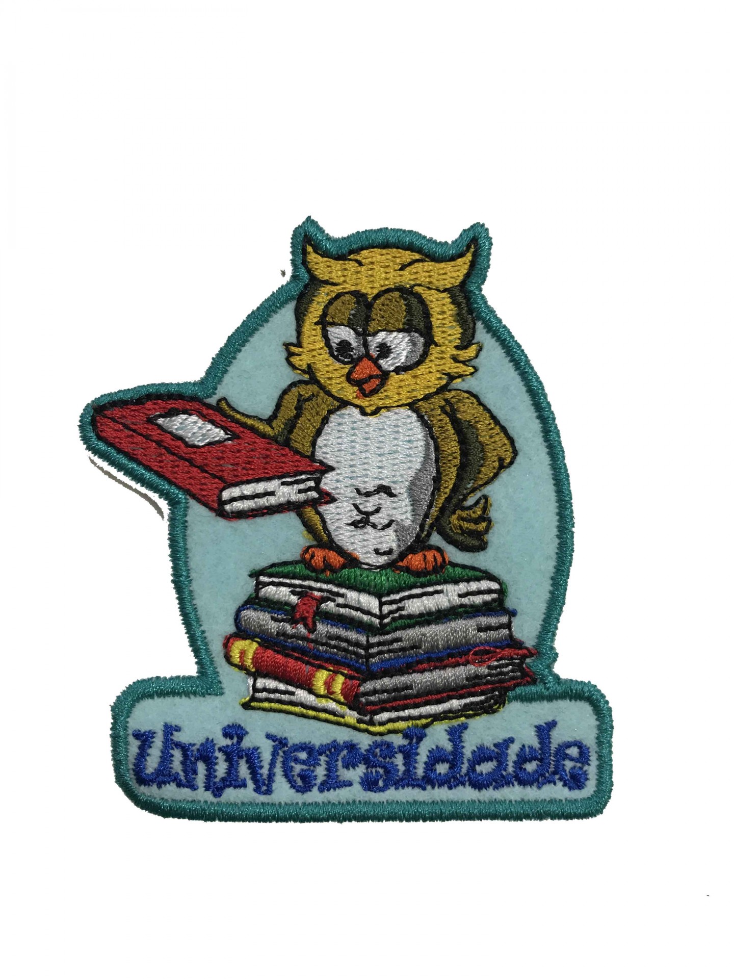Emblema bordado de coruja com livros e texto Universidade