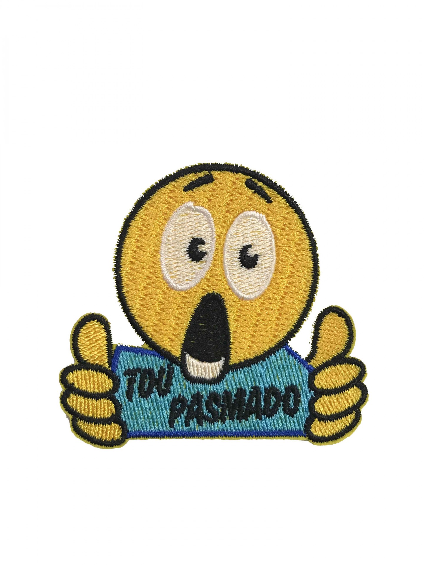 Esquema bordado carinha amarela com olhos grandes a dizer TOU PASMADO