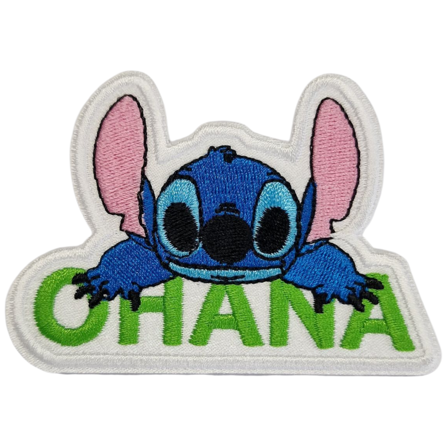 Patch bordado do personagem Stitch com a palavra OHANA