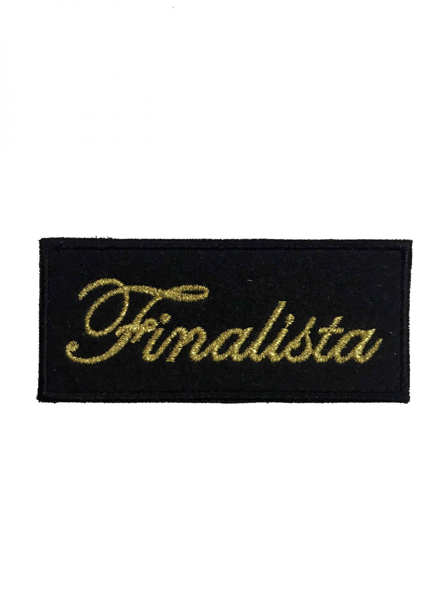 Emblema preto com texto dourado 'Finalista' bordado