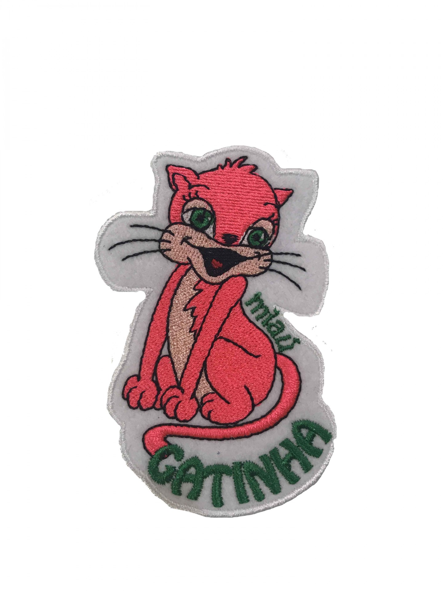 Emblema bordado de um gatinho cor de rosa com texto verde