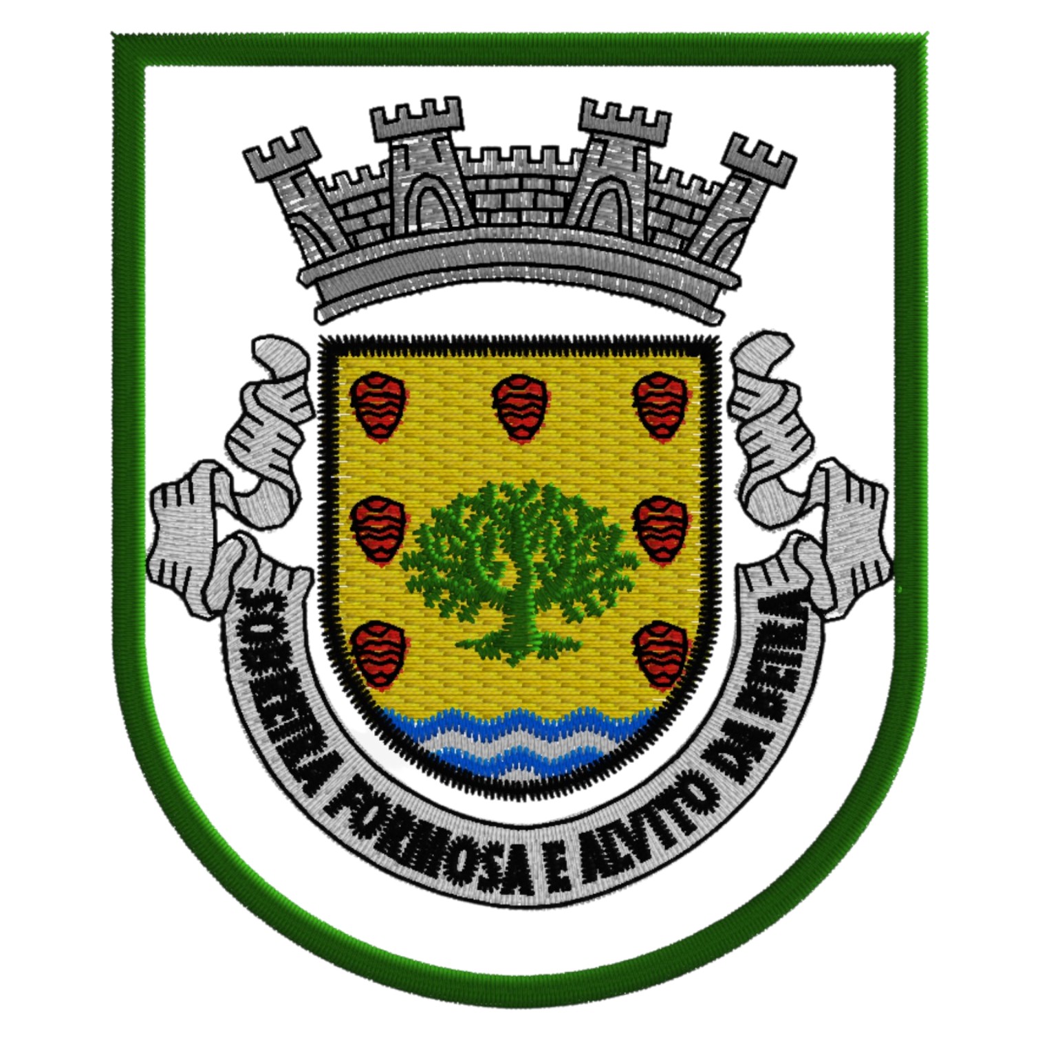 Emblema bordado com árvore verde e texto JUNTA DE FREGUESIA E AJUNTAMENTO DA BAIXA
