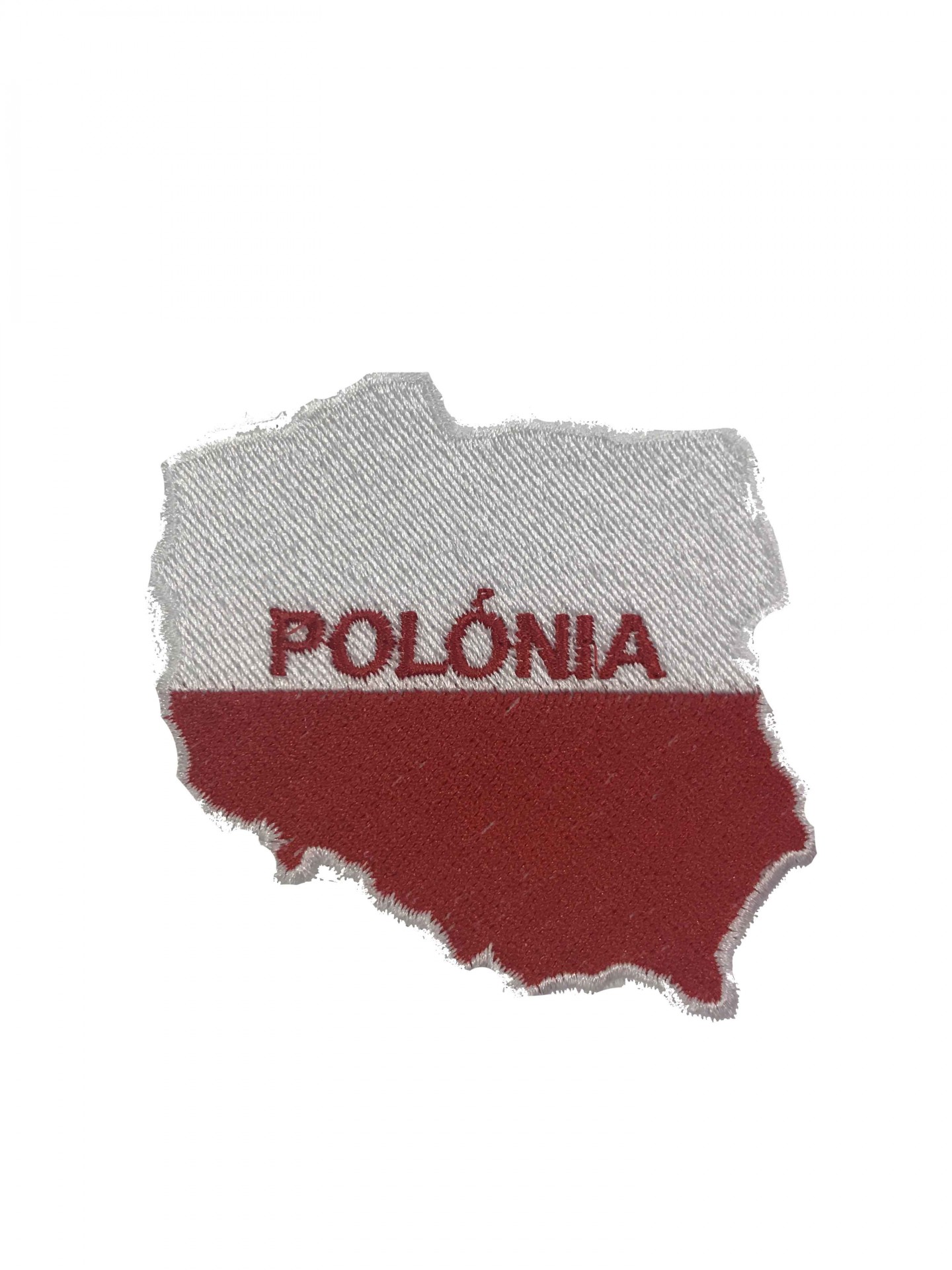 Emblema de tecido na forma do mapa da Polónia em branco e vermelho com a palavra POLÓNIA