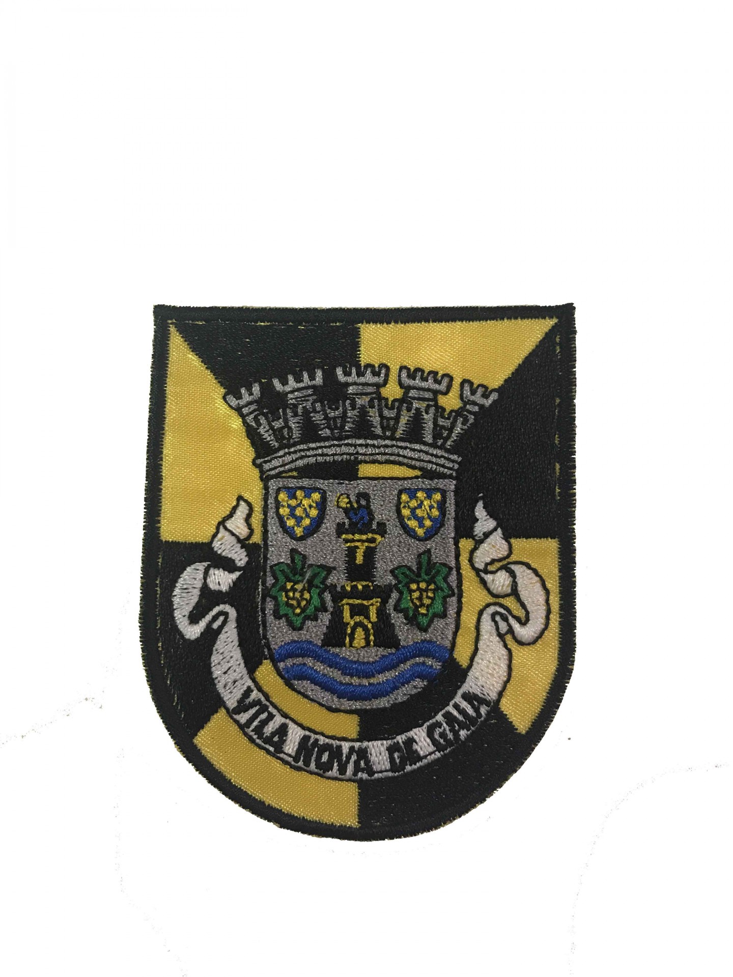 Emblema bordado com brasão de Vila Nova de Gaia em preto e amarelo