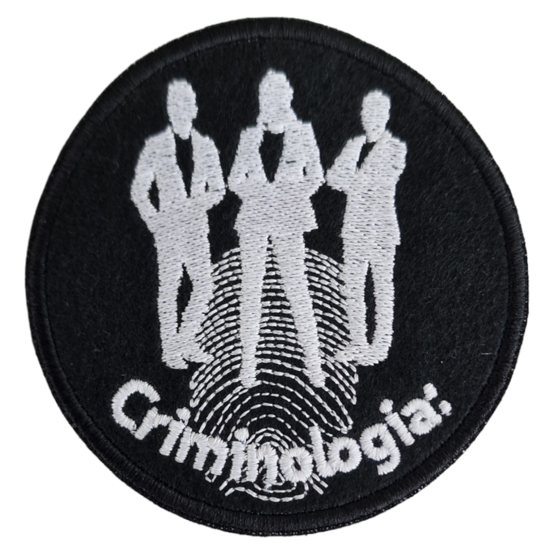 Emblema redondo preto com figuras brancas e texto Criminologia.