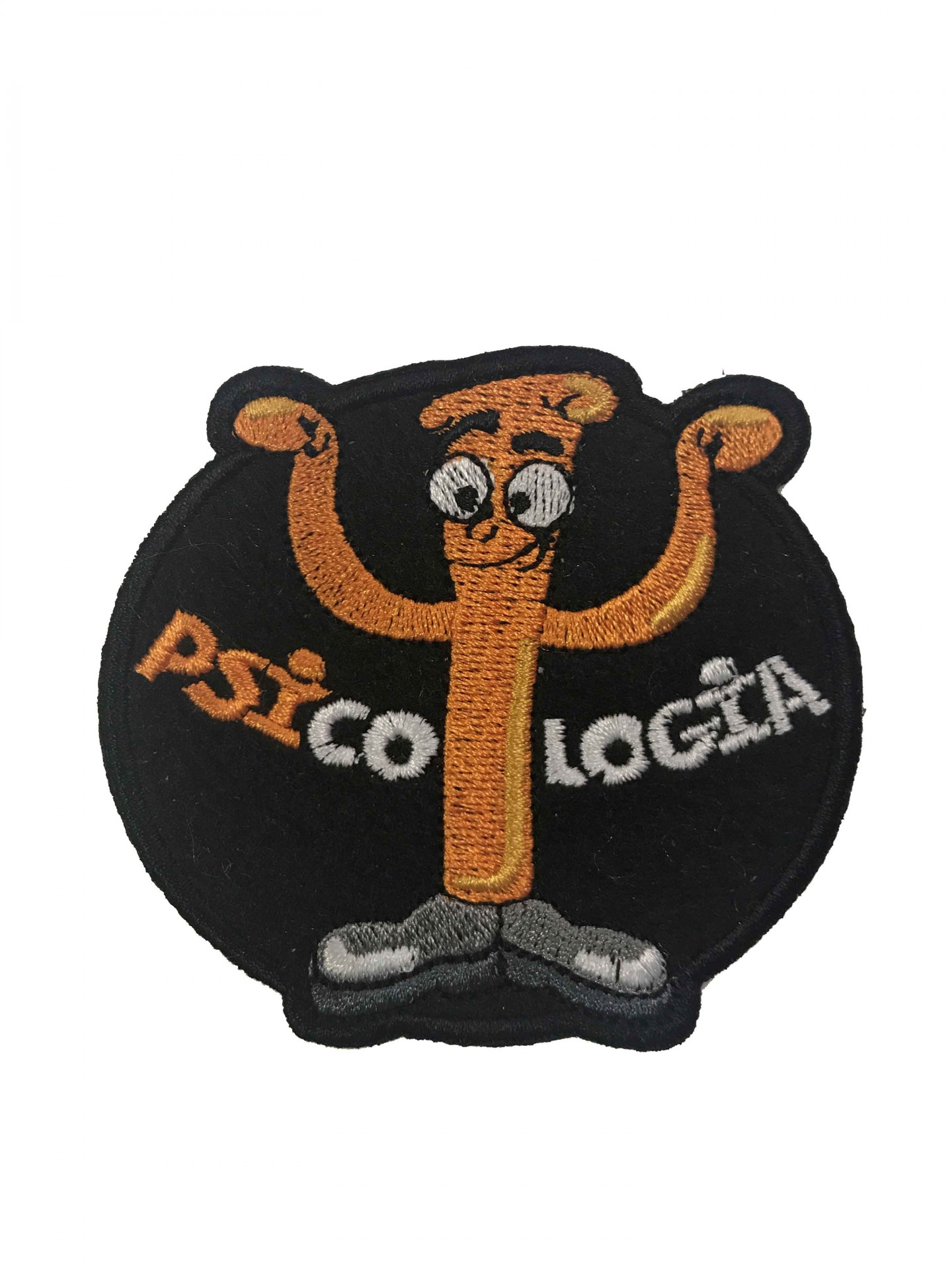 Emblema bordado preto com figura animada castanha e texto PSICOLOGIA