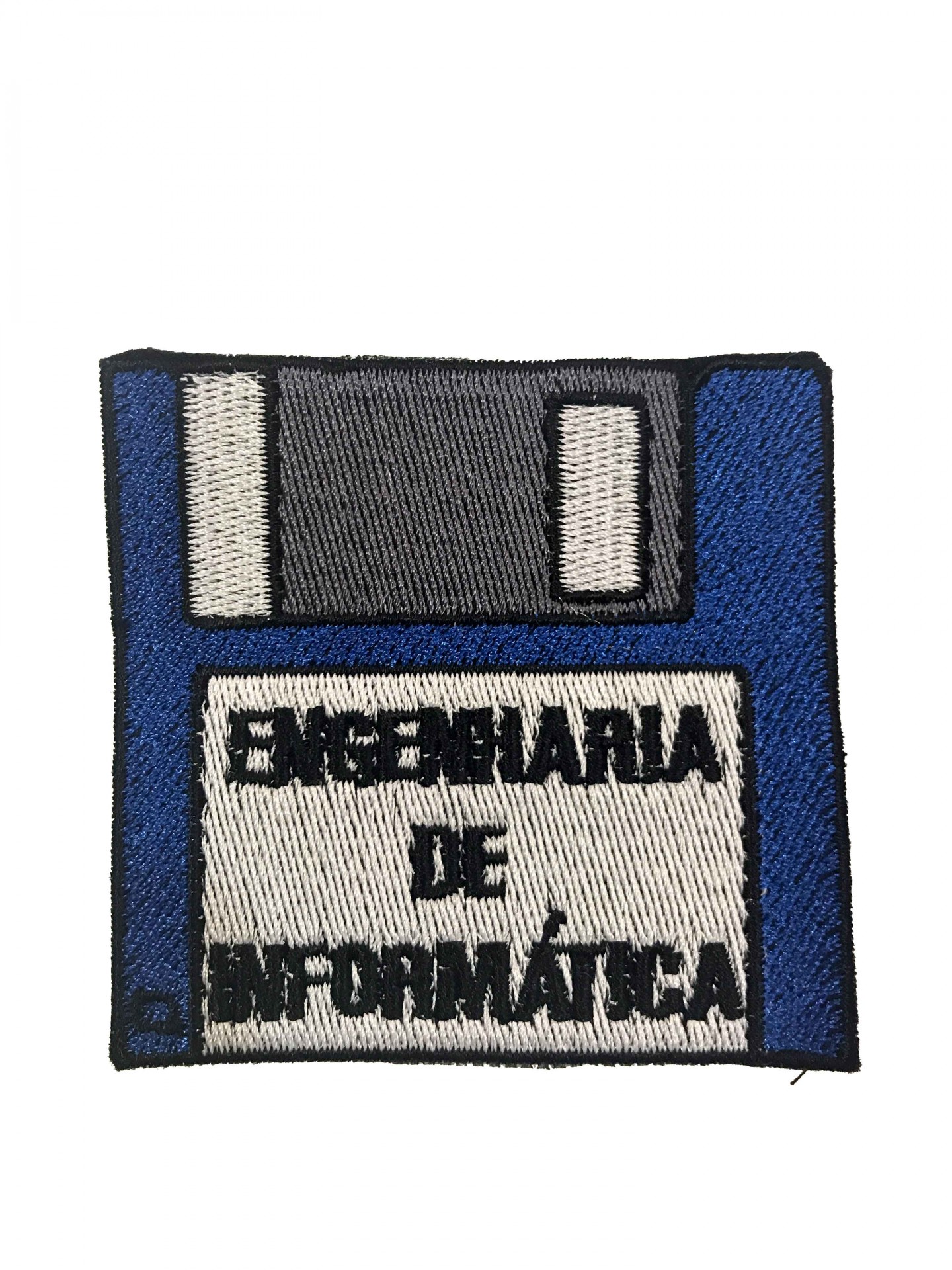 Patch bordado disquete azul com texto Engenheira de Informática