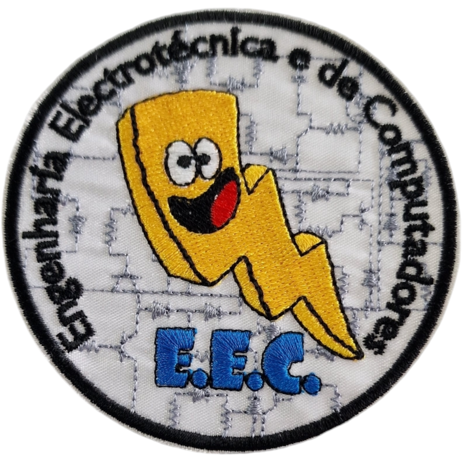 Emblema bordado redondo com personagem raio amarelo e texto Engenharia Electrotécnica e de Computadores E.E.C.