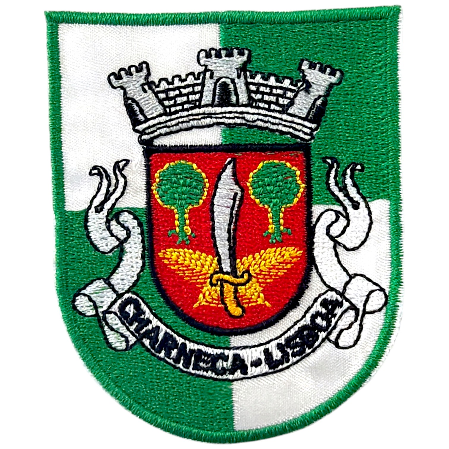 Patch bordado com escudo verde e branco e texto MARINHA - LISBOA