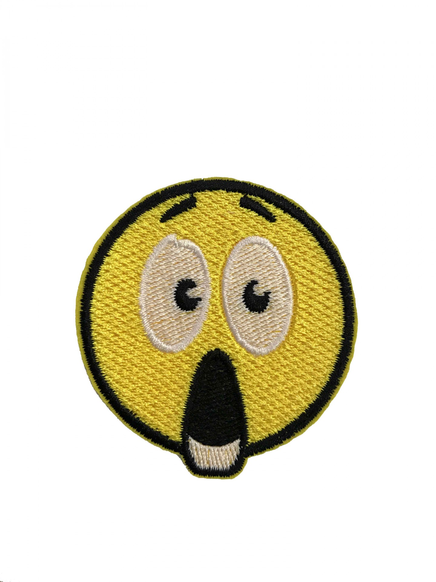 Emblema bordado emoji amarelo com expressão surpreendida