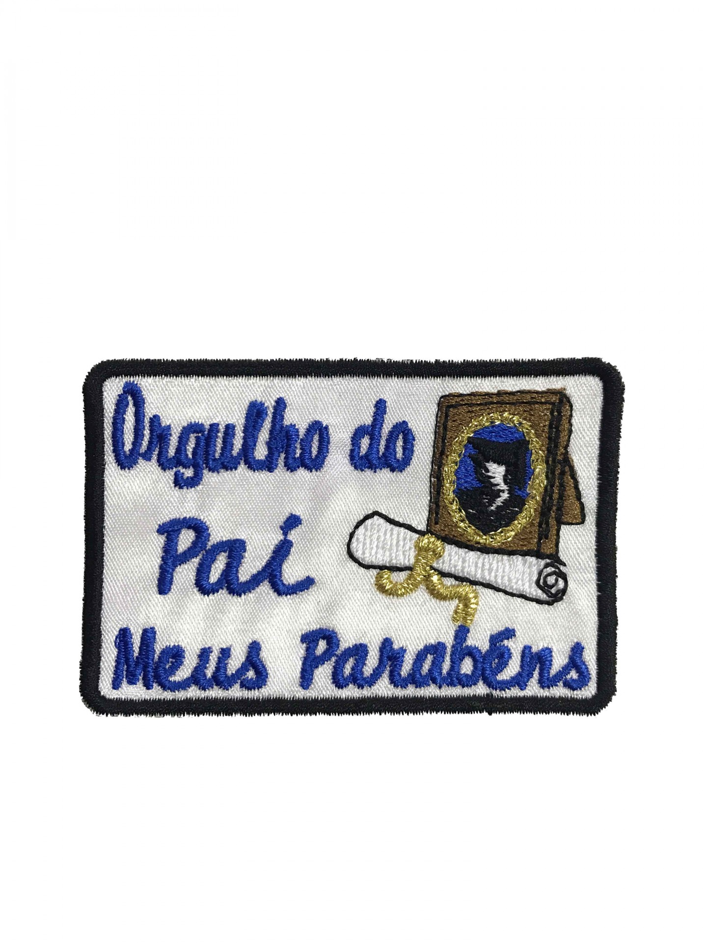 Emblema bordado com texto e ilustrações em branco, azul, preto, dourado e amarelo