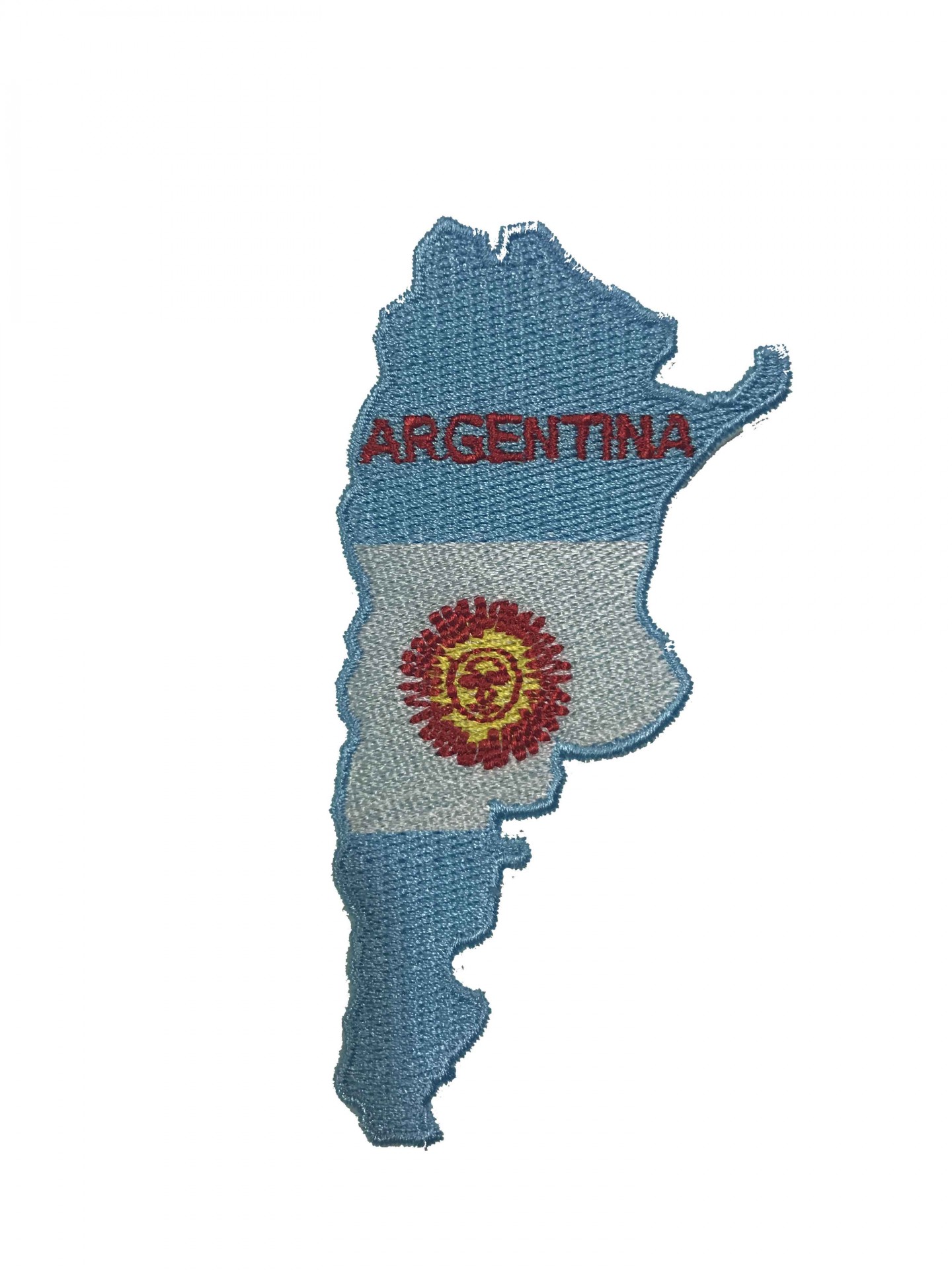 Emblema bordado mapa da Argentina com cores azul, branco e vermelho