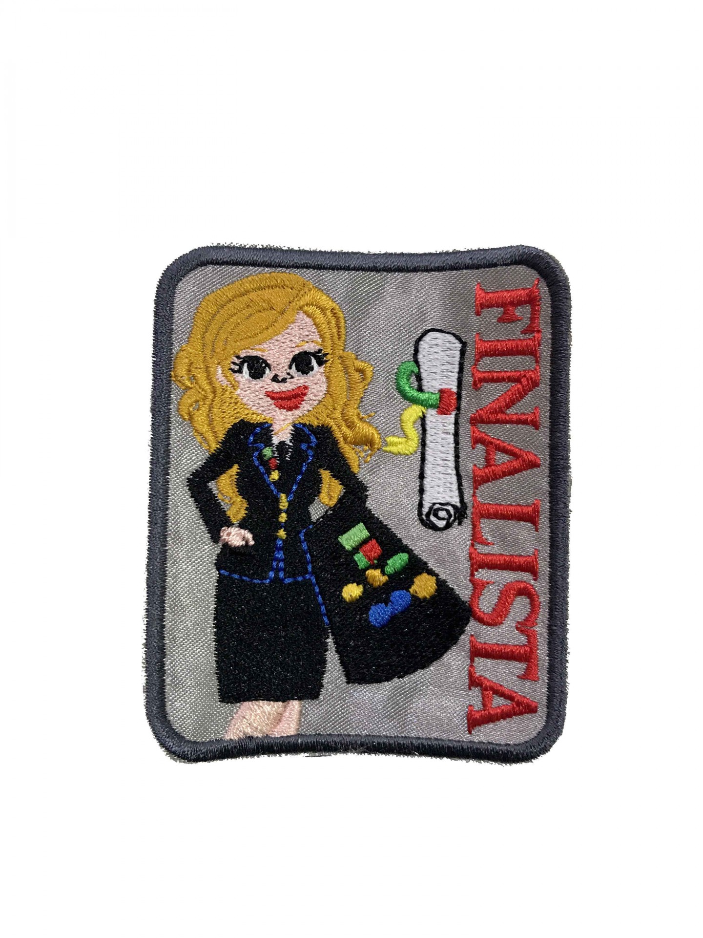 Emblema bordado com figura feminina, diploma e texto FINALISTA