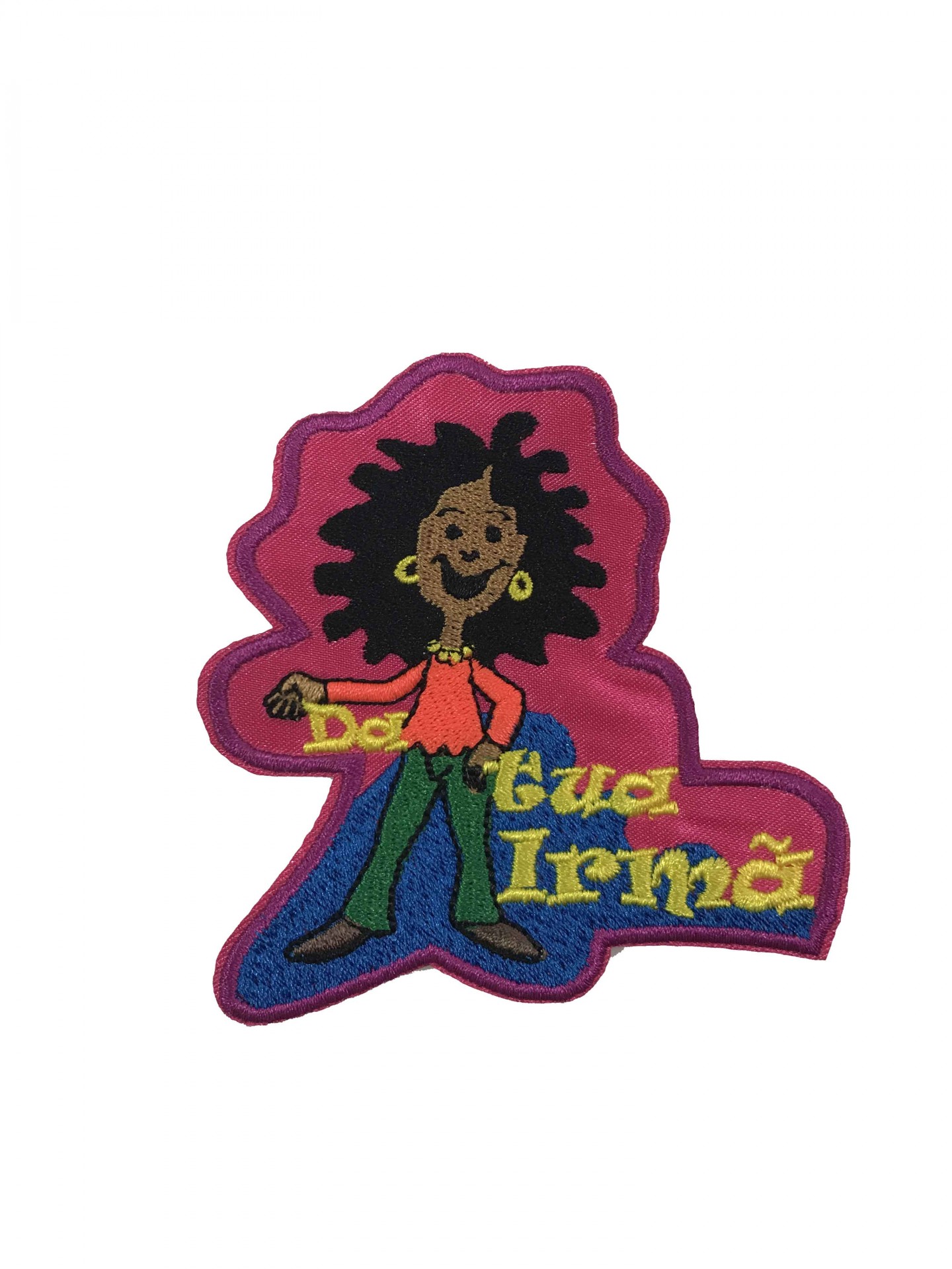 Emblema bordado com personagem afro e texto 'Dá Gira Irmã'