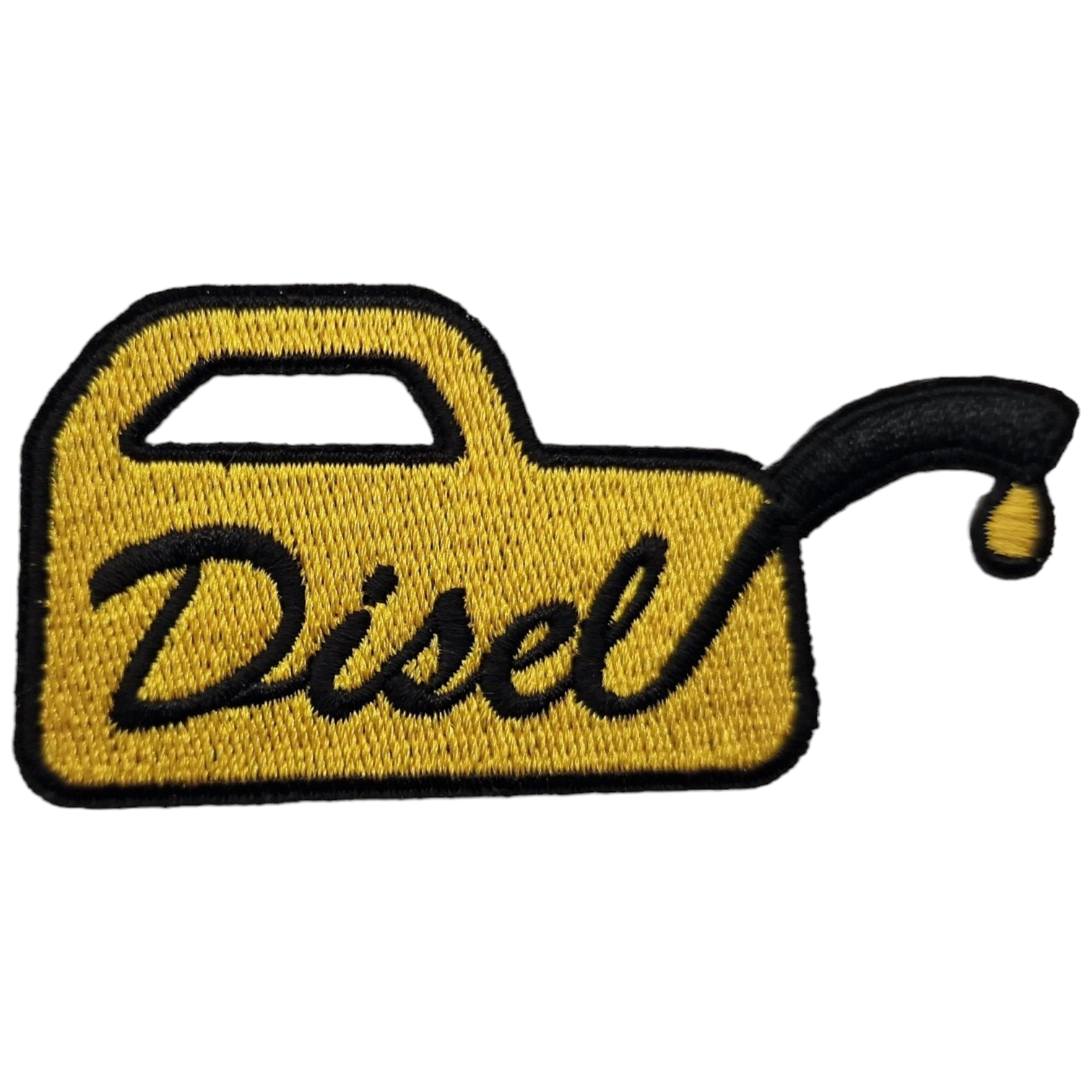 Remendo bordado amarelo em forma de bidão com palavra 'Disel' preta