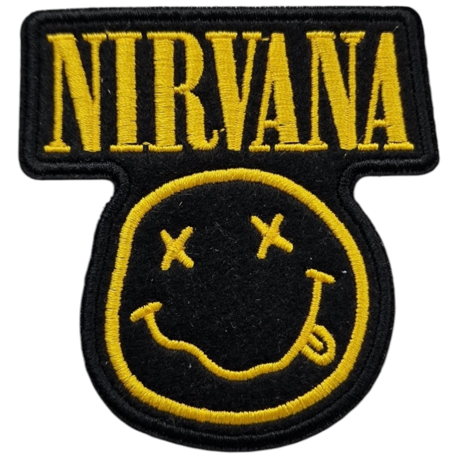Patch bordado preto com texto NIRVANA e rosto amarelo estilizado