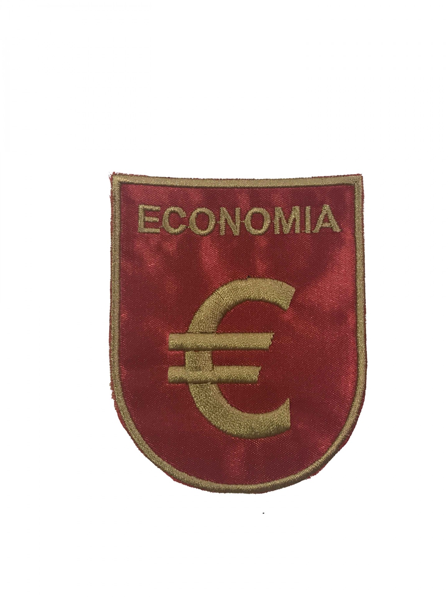 Emblema têxtil vermelho com texto Economia e símbolo de euro dourado