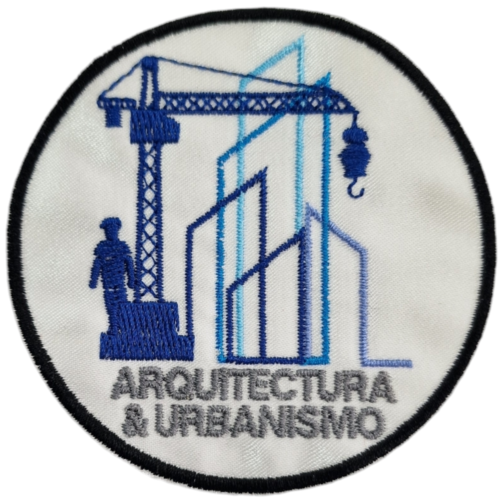 emblema redondo com grua azul e texto arquitectura & urbanismo