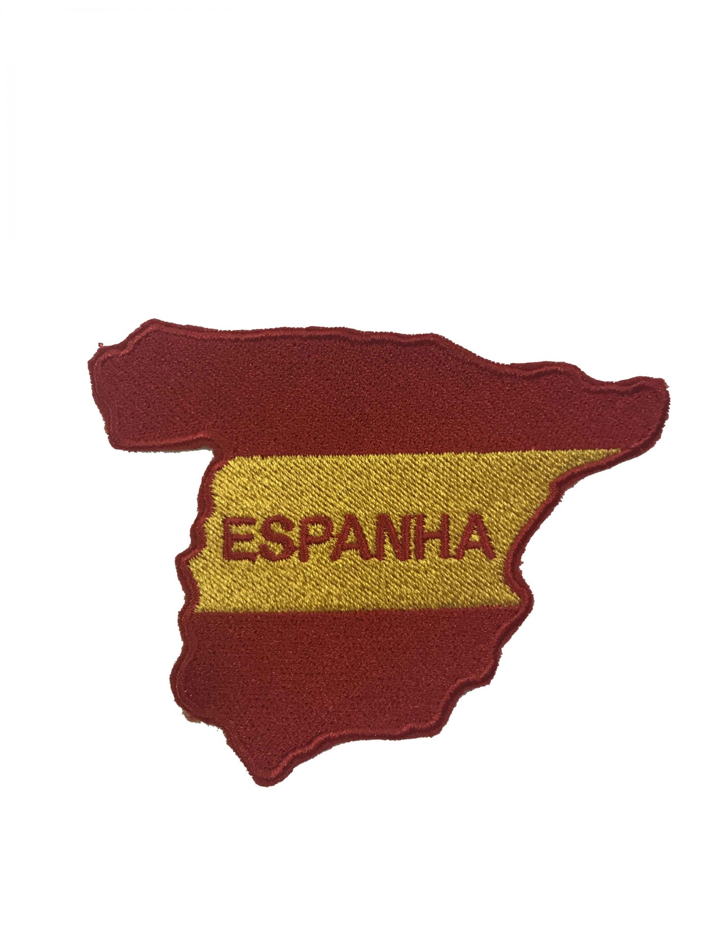 Emblema bordado em forma do mapa da Espanha com as cores da bandeira e texto Espanha.
