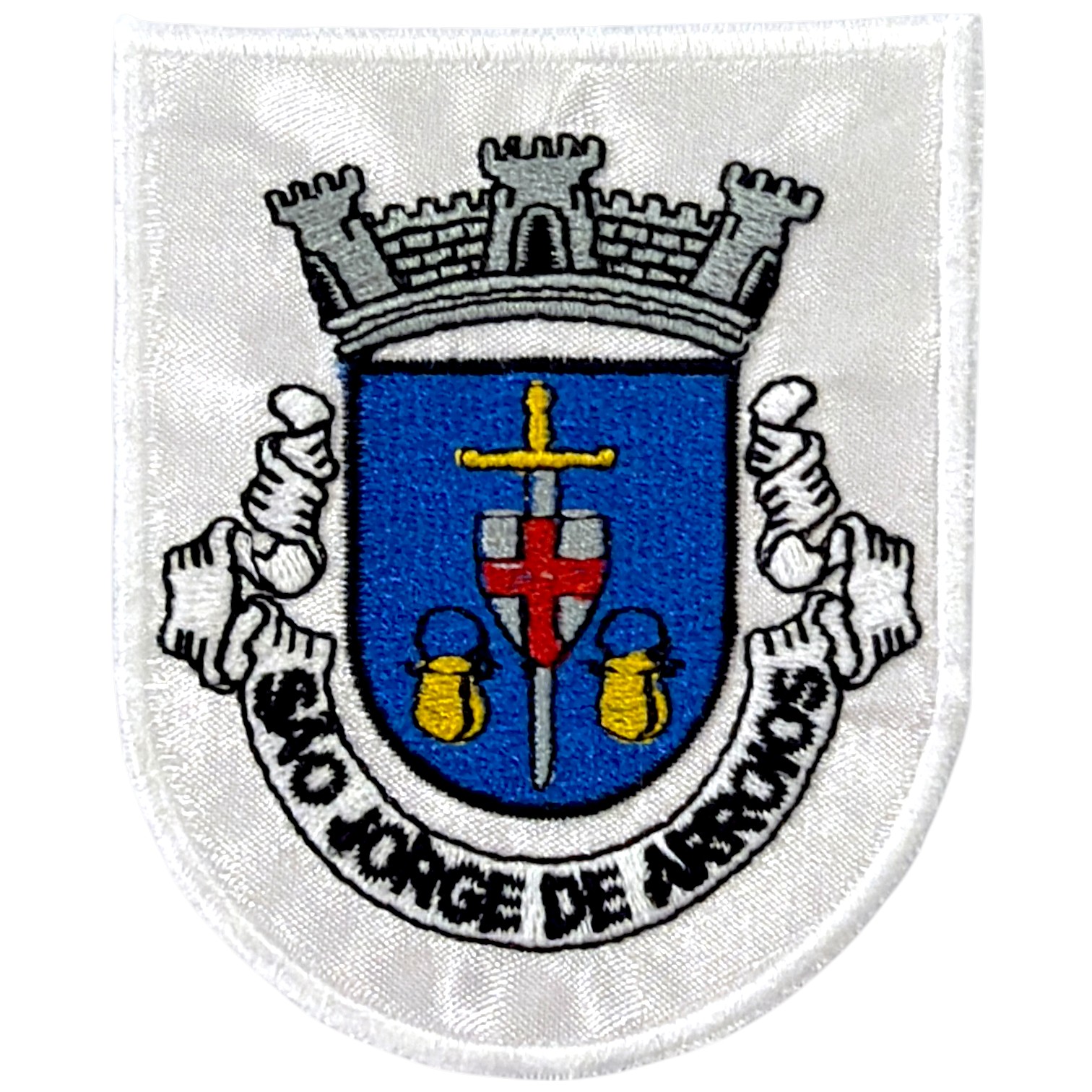 Emblema bordado com brasão azul, espada amarela e cruz vermelha