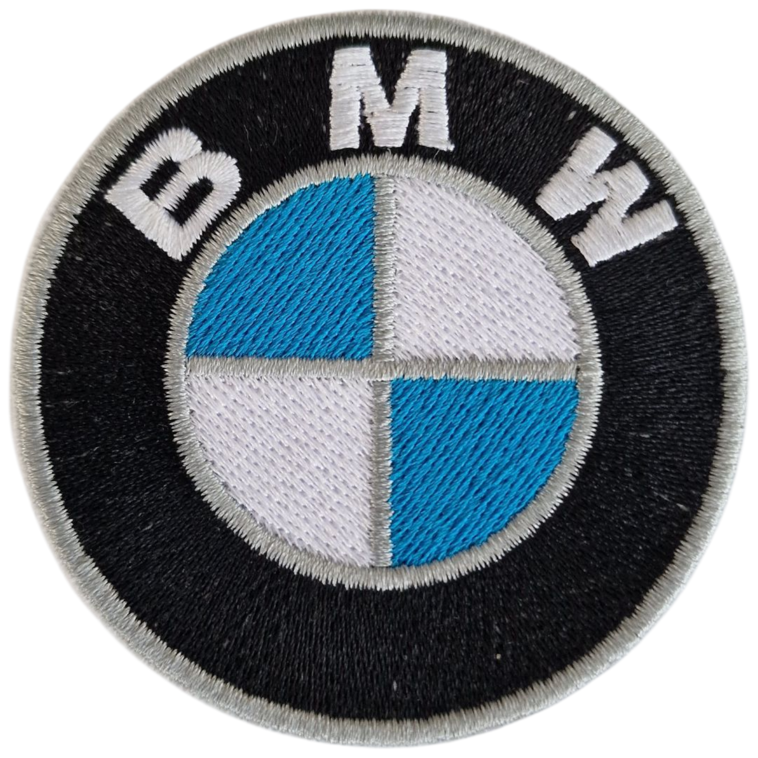Emblema bordado redondo com logótipo BMW em azul, branco e preto