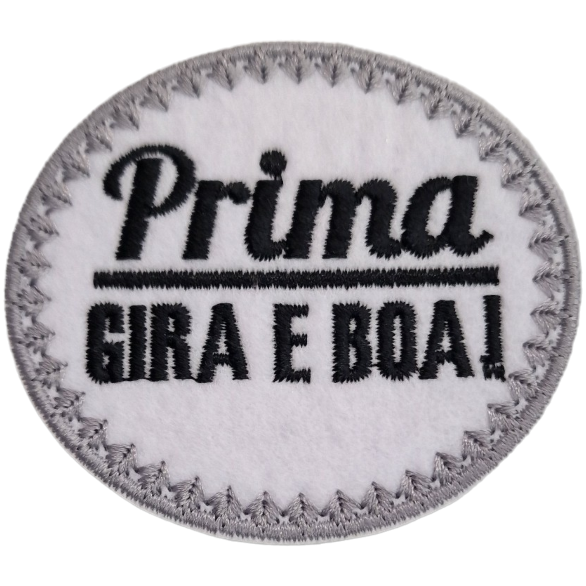 Emblema ou patch redondo branco com texto bordado a preto