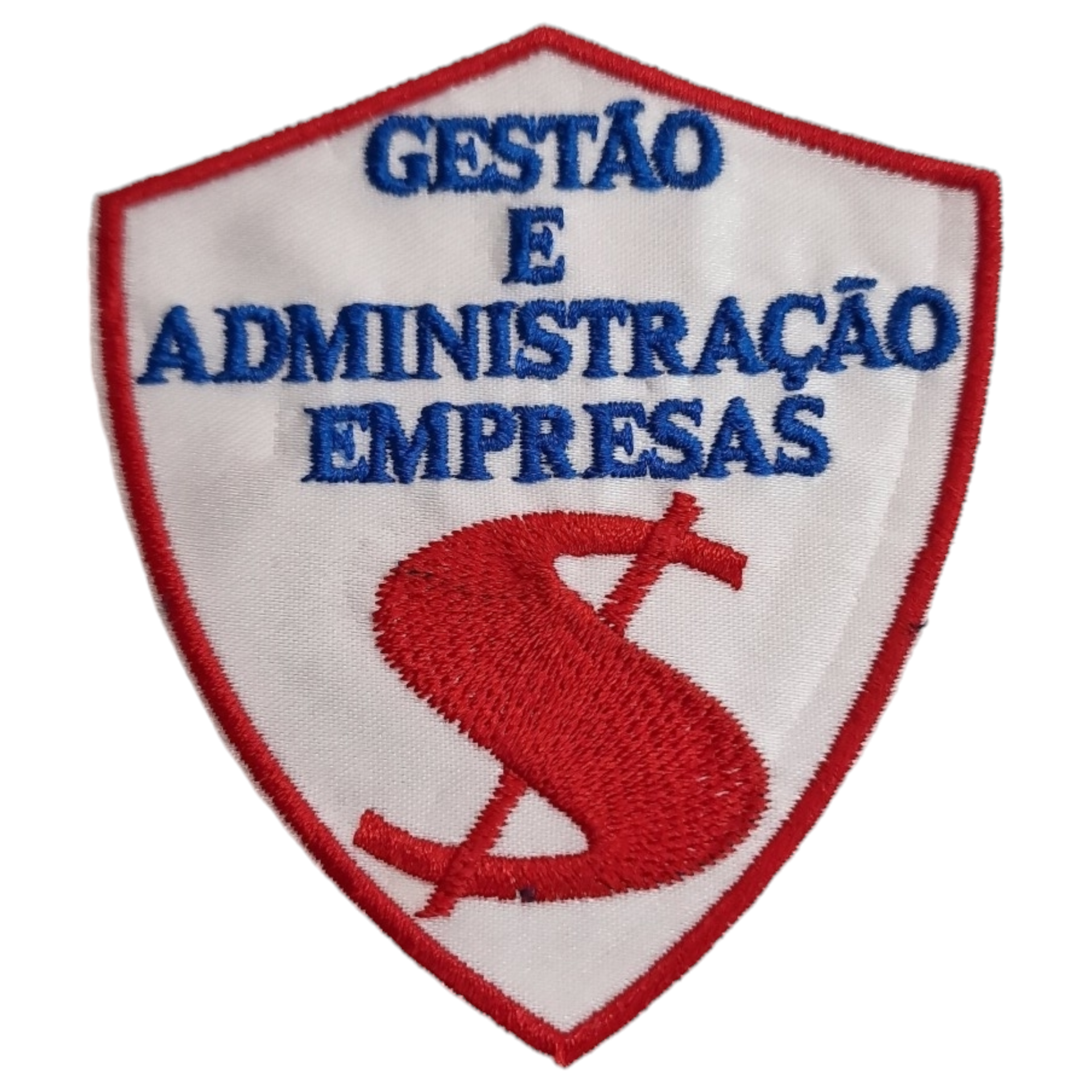 Emblema bordado em forma de escudo com texto e símbolo vermelho