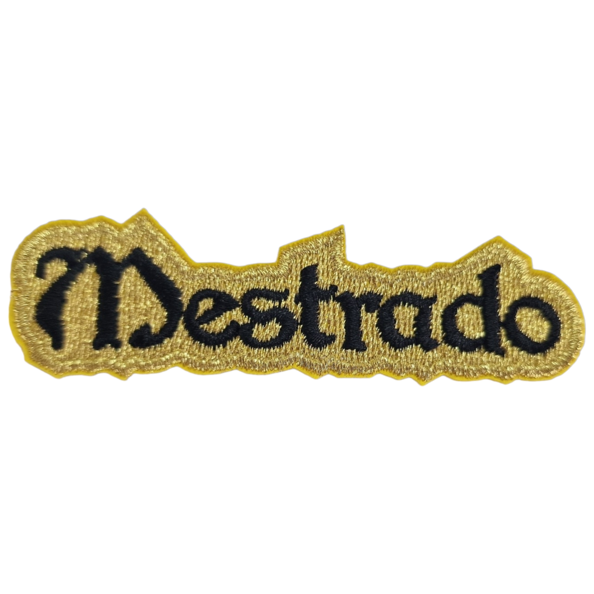 Patch bordado com a palavra Mestrado em preto e amarelo
