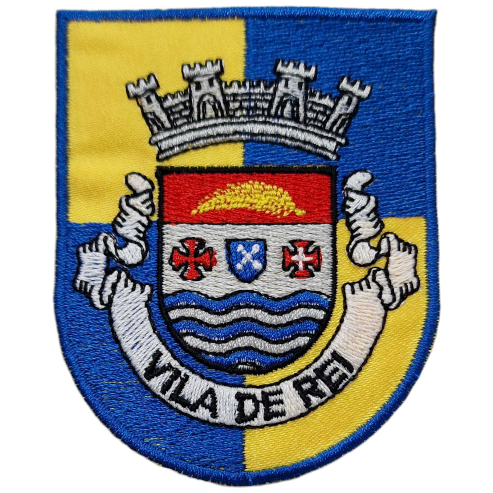 Remendo bordado com brasão e texto 'VILA DE REI' em azul, amarelo, vermelho e branco.