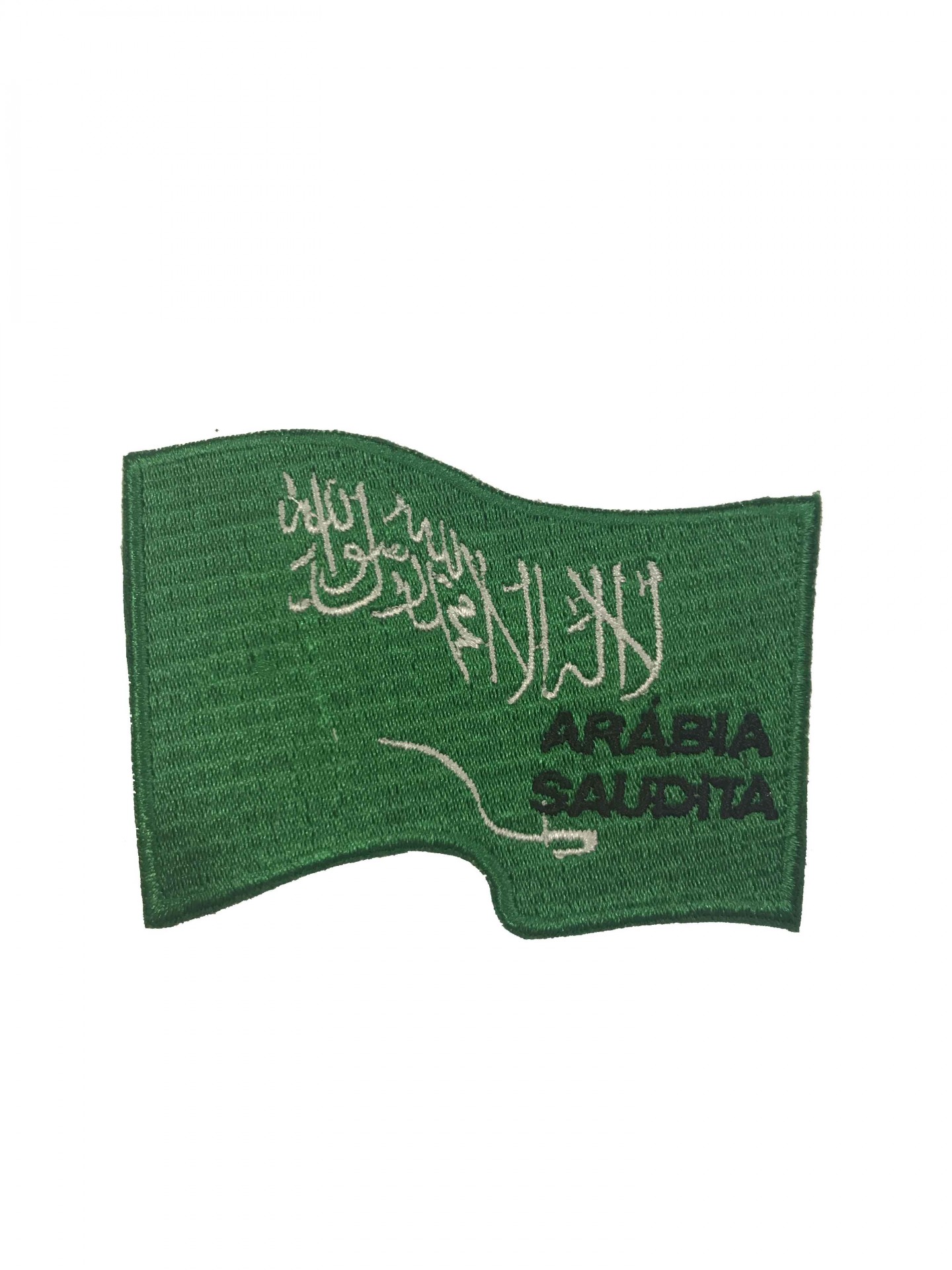 Bordado de bandeira verde com texto árabe e português