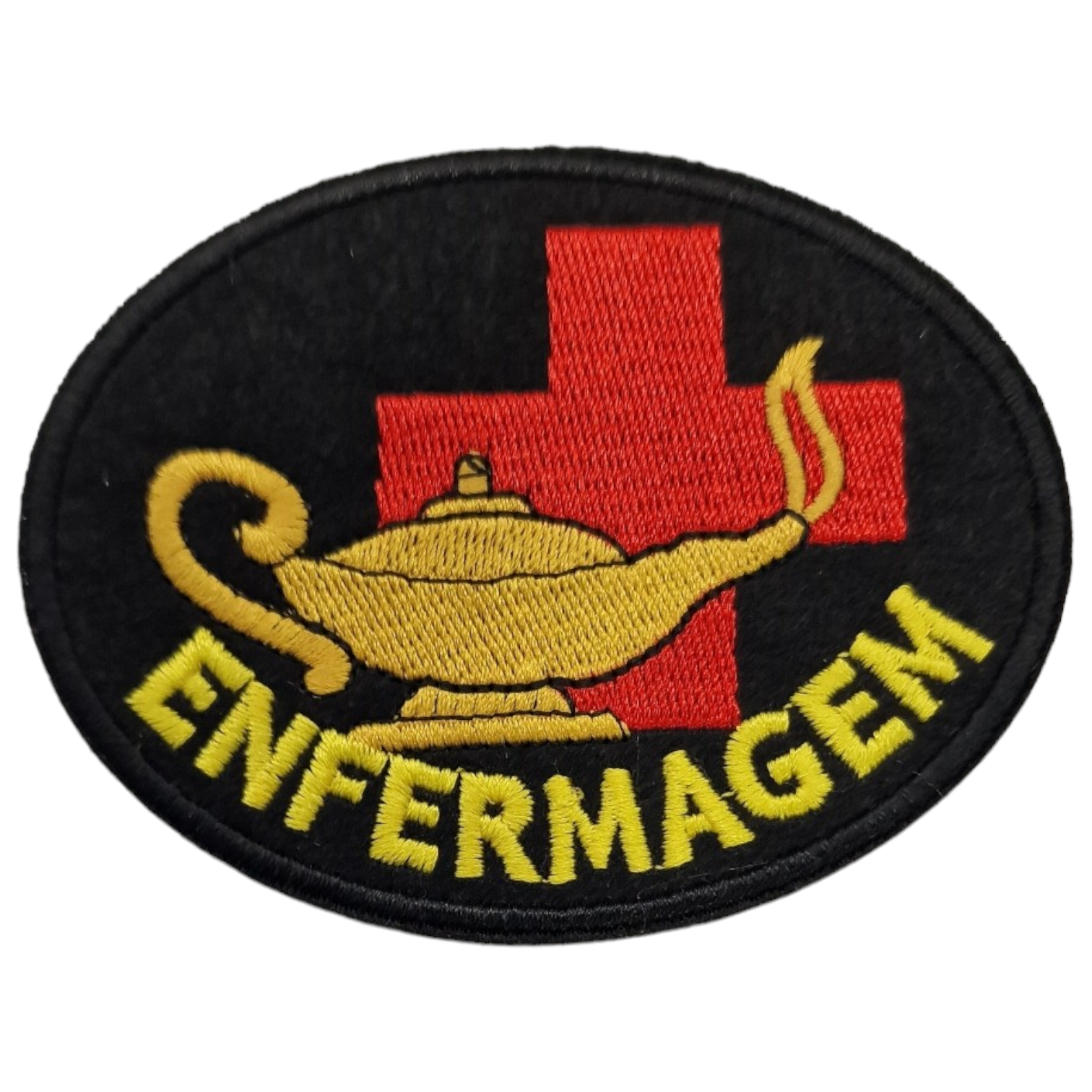 Emblema bordado oval com cruz vermelha, lâmpada dourada e texto ENFERMAGEM