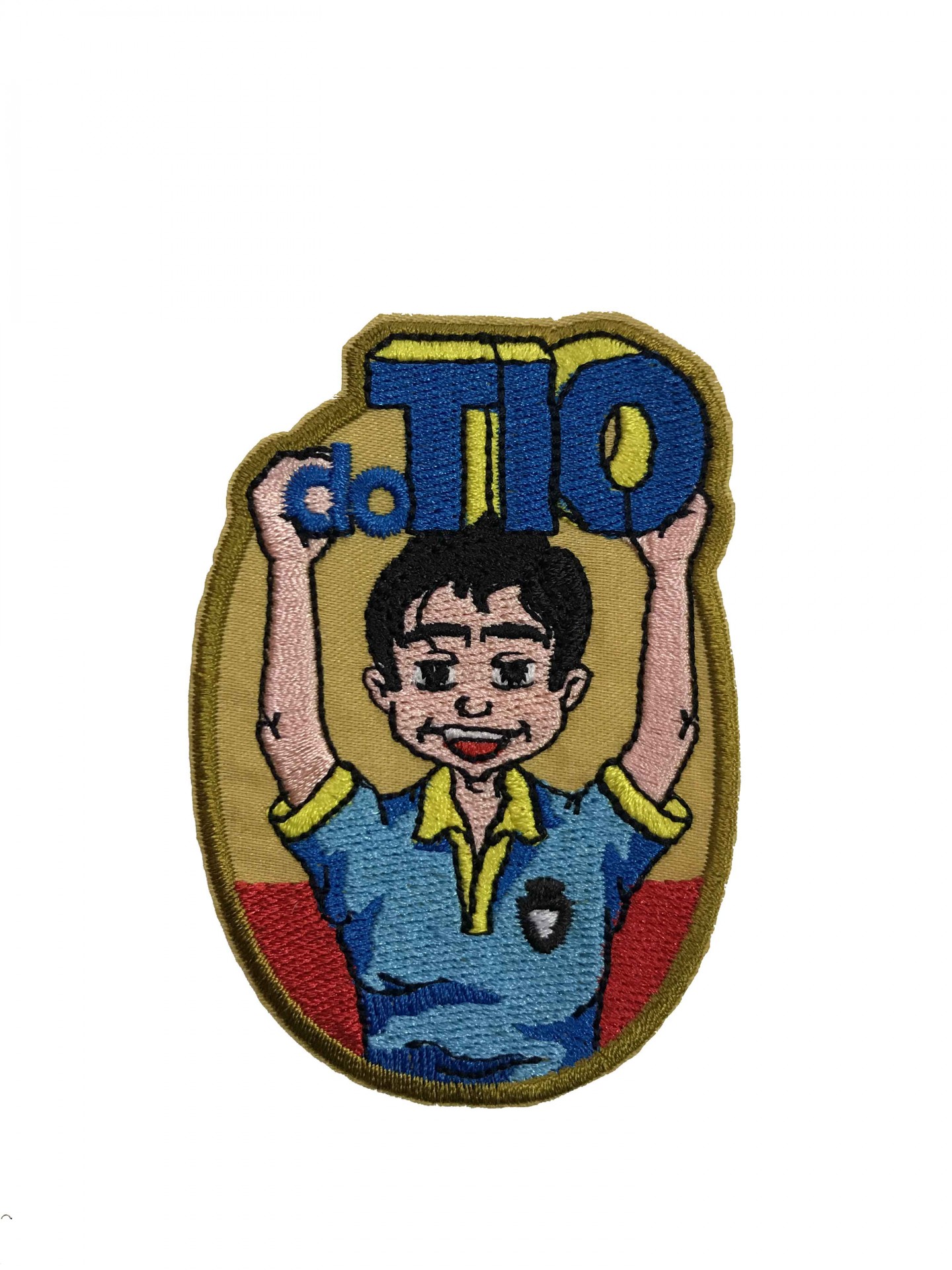 Emblema bordado com personagem e texto 'do TIO'
