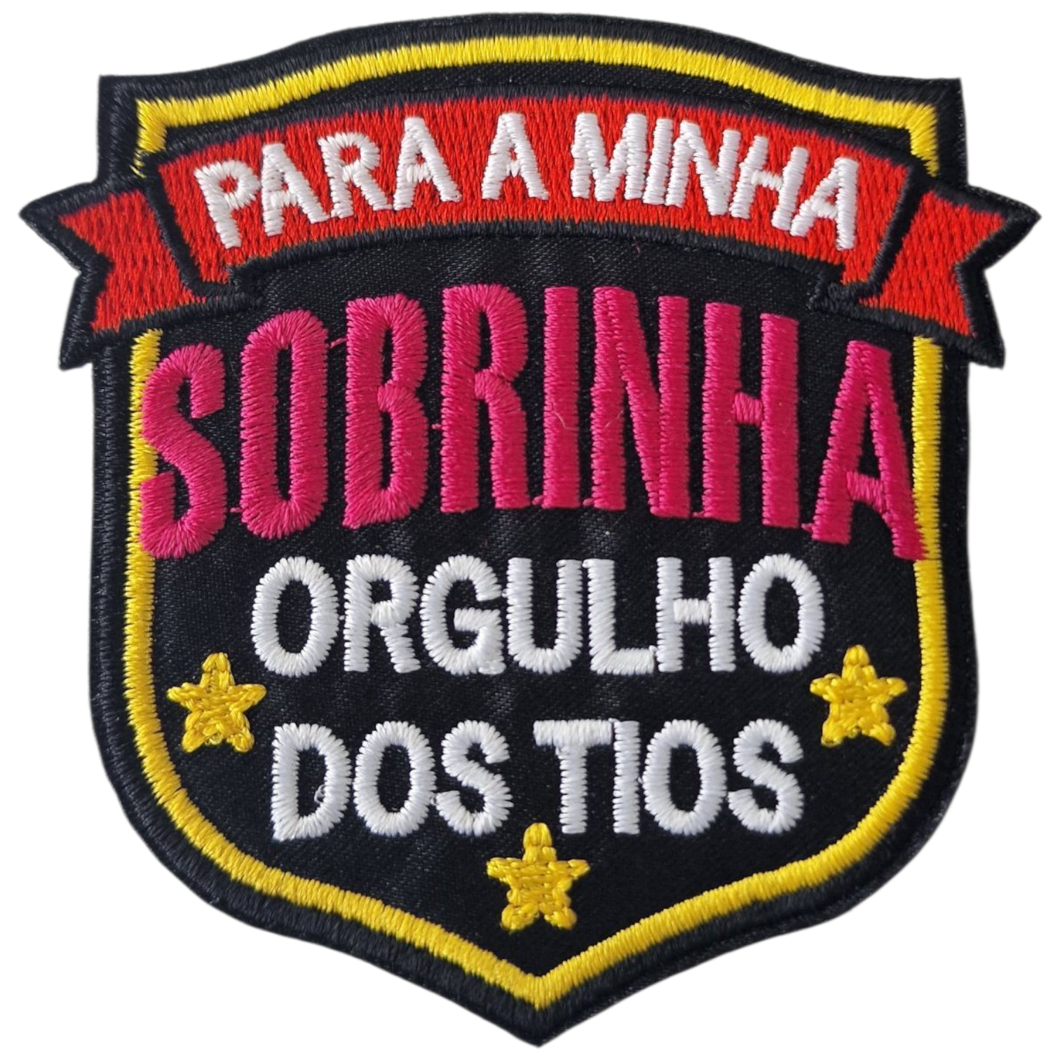Emblema bordado colorido com texto em português
