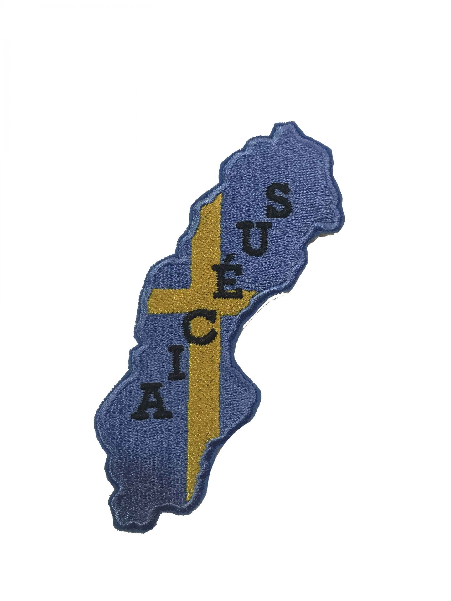 Patch bordado com forma do mapa da Suécia e cruz amarela sobre azul