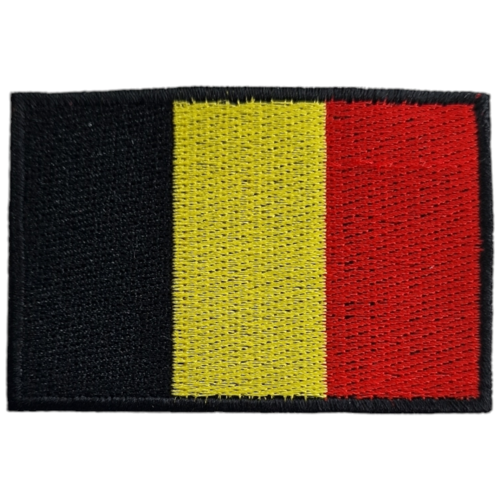 Emblema bordado com as cores preto, amarelo e vermelho da bandeira da Bélgica