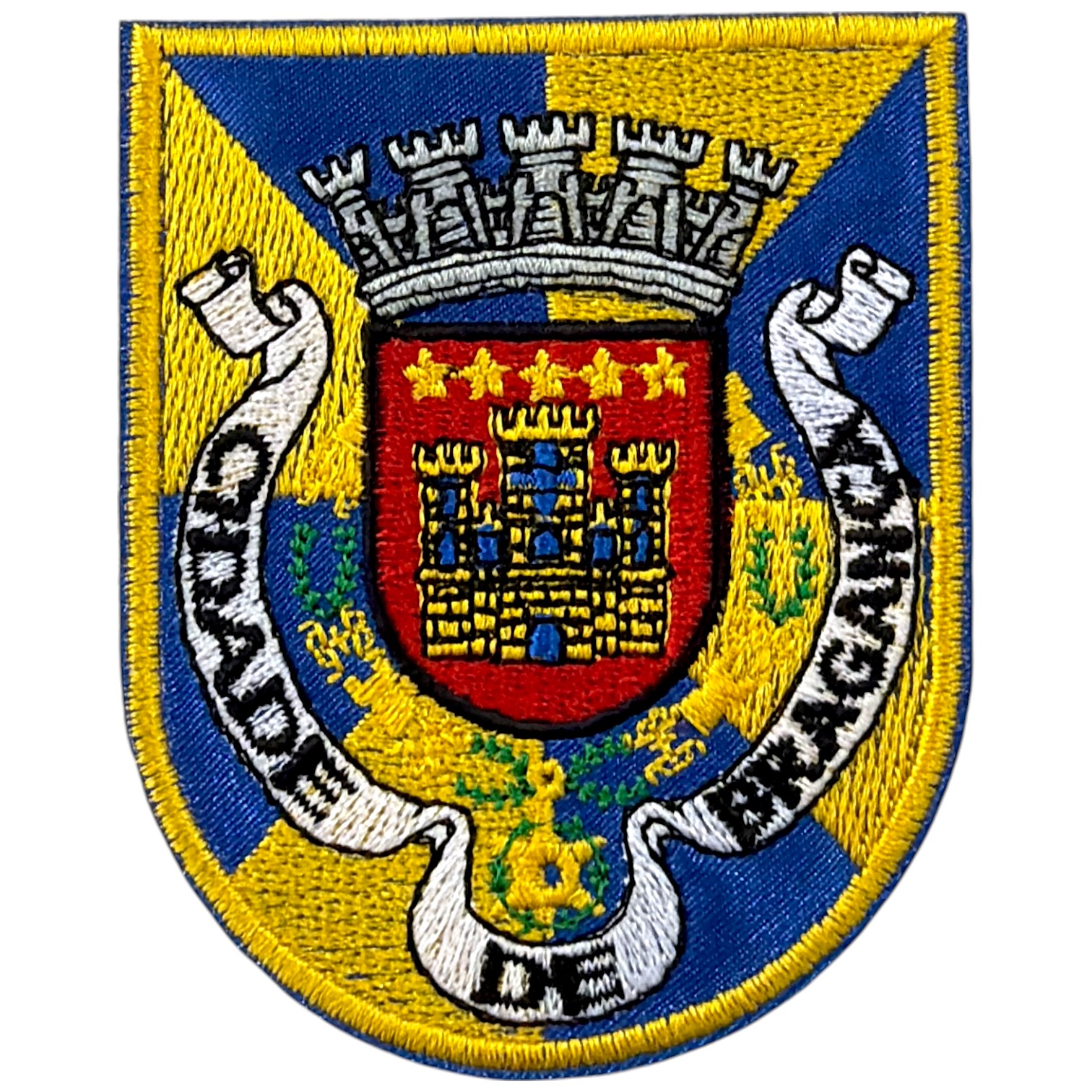 Emblema bordado com castelo, coroa e texto Mascandela