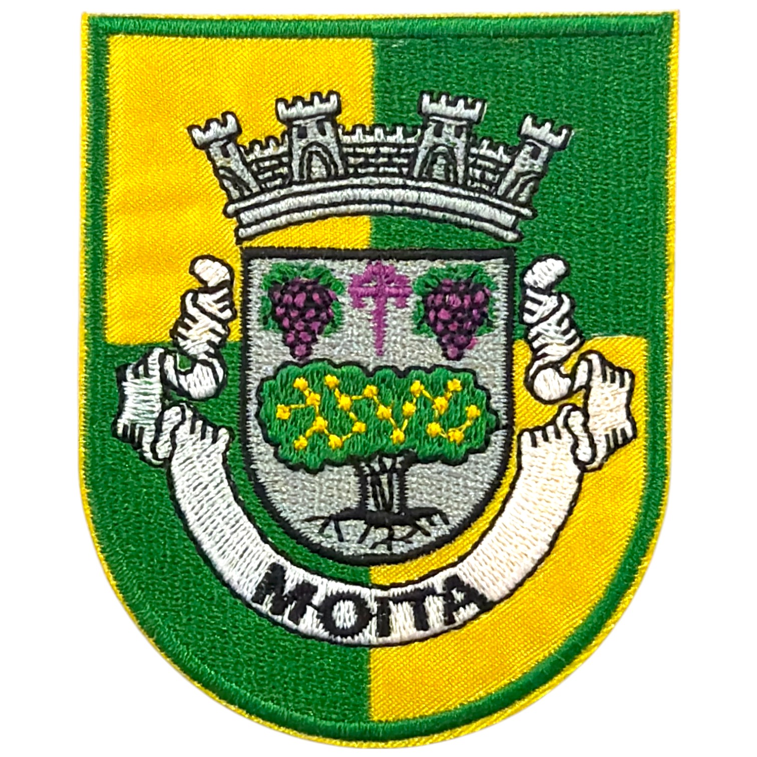 Emblema bordado com escudo e cores verde, amarelo, branco e roxo