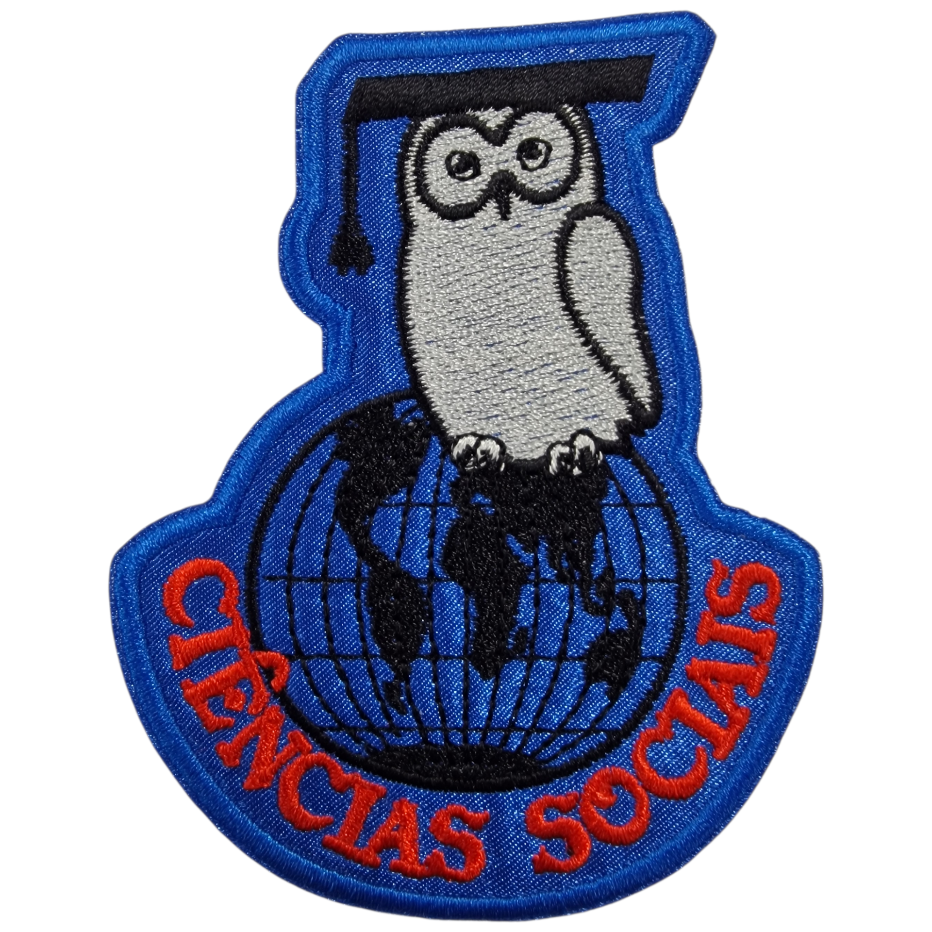 Patch bordado com coruja, globo e texto Ciências Sociais