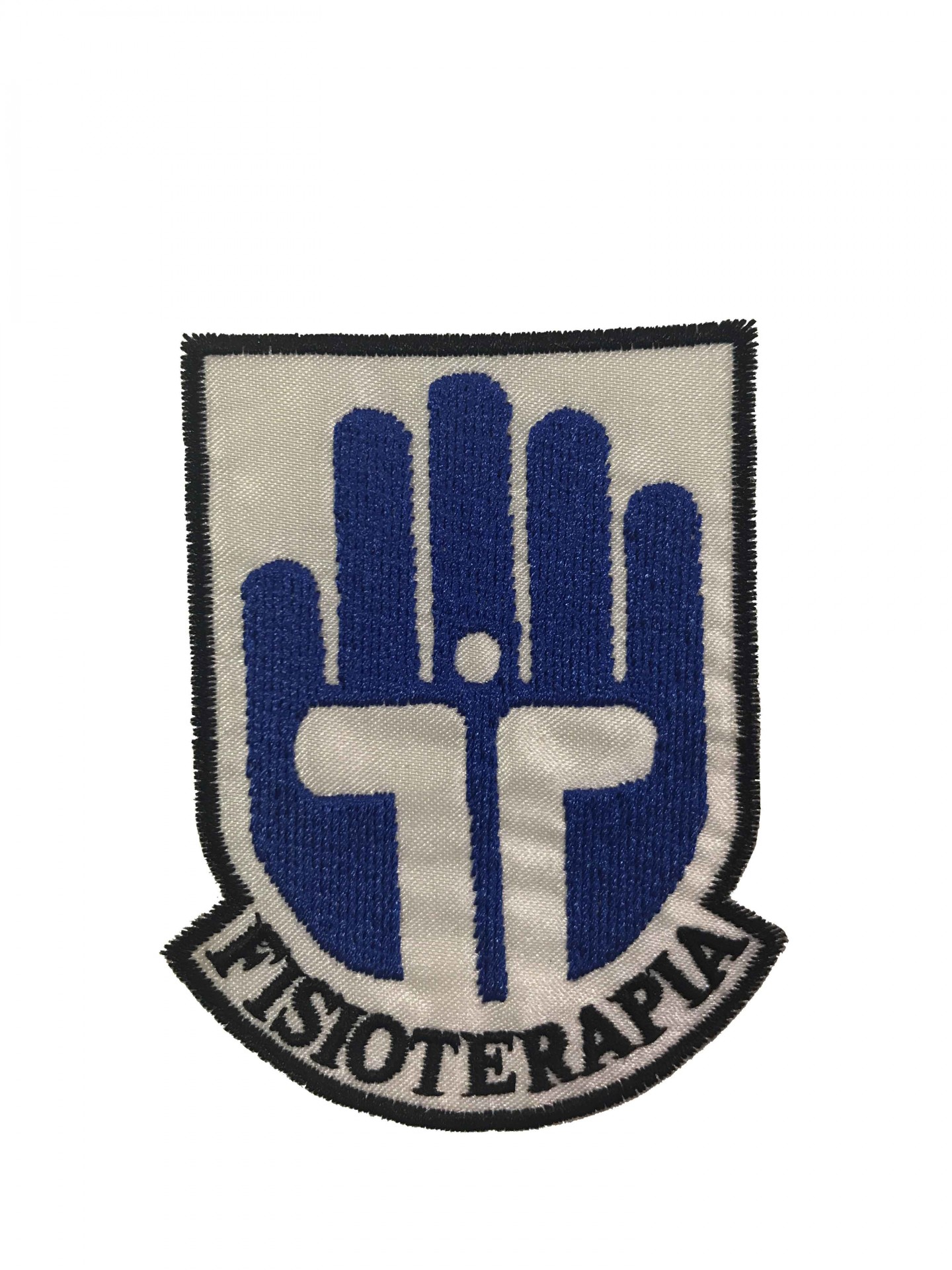 Emblema bordado com mão azul e texto FISIOTERAPIA