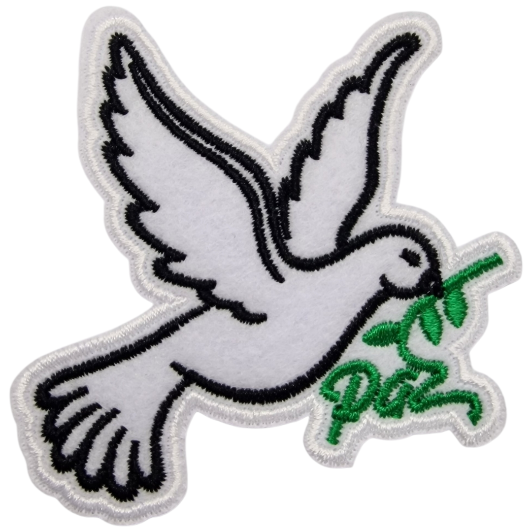 Patch bordado de uma pomba branca com ramo verde e texto Peace