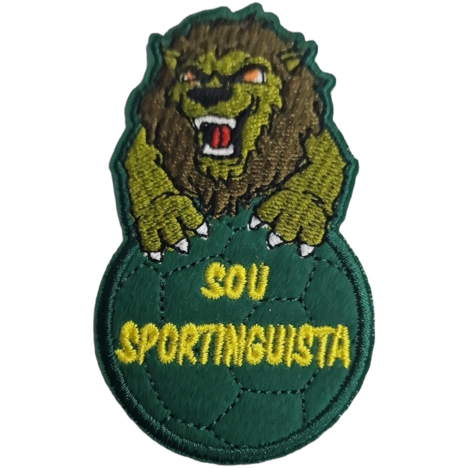 Emblema bordado leão segurando bola futebol texto SOU SPORTINGUISTA