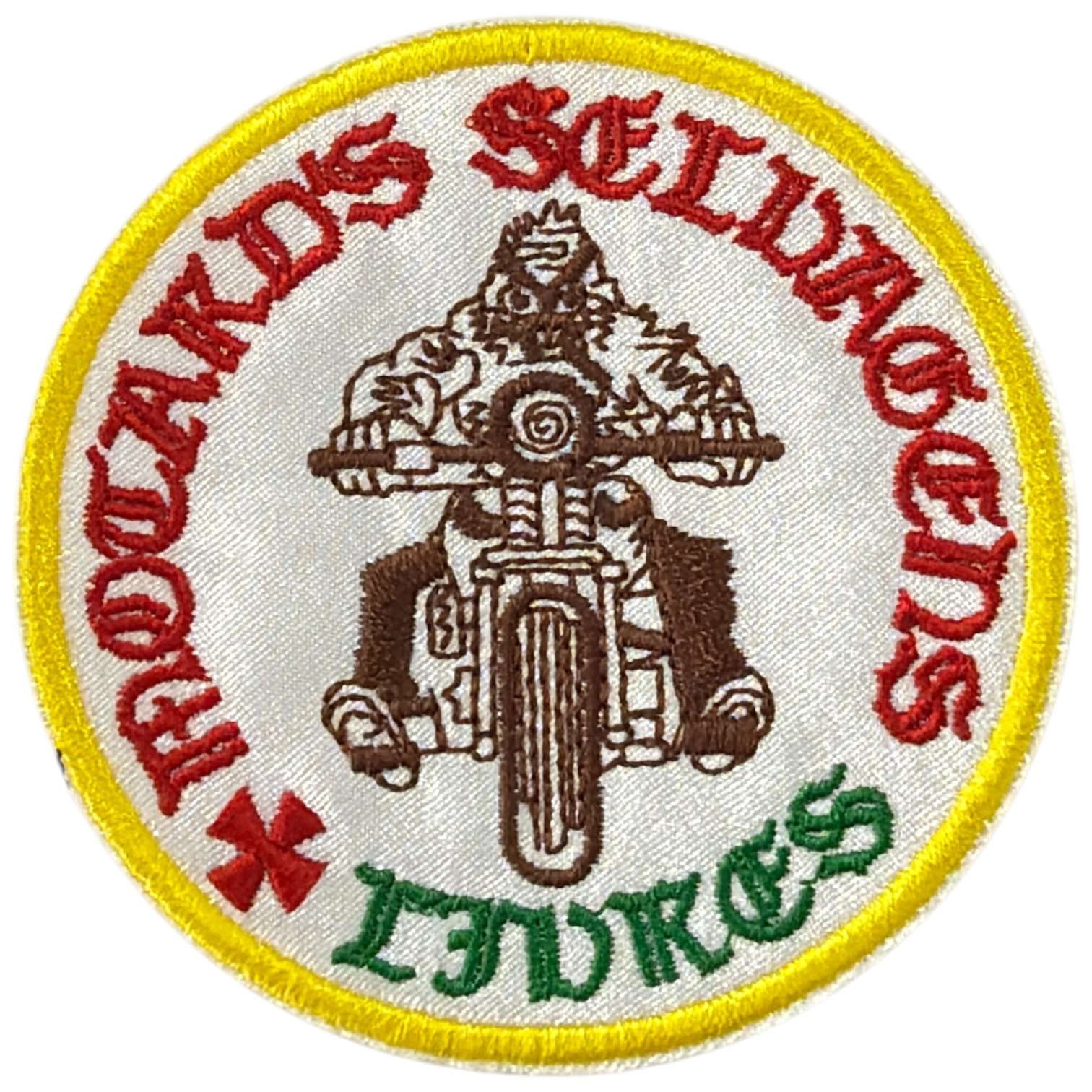 Emblema bordado redondo com motociclista e texto em vermelho e verde