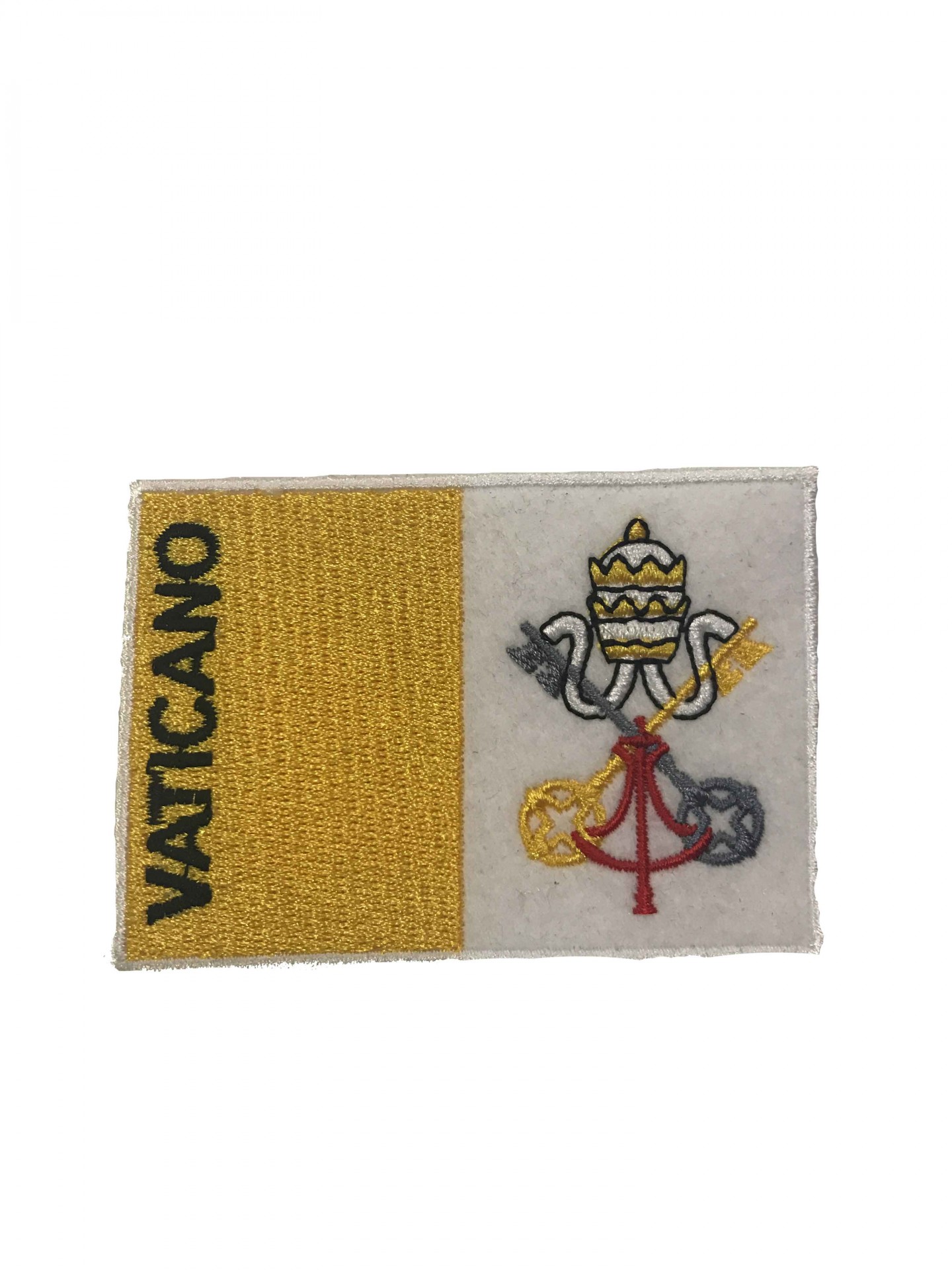 Patch bordado retangular com texto VATICANO e emblema papal em amarelo, branco e preto