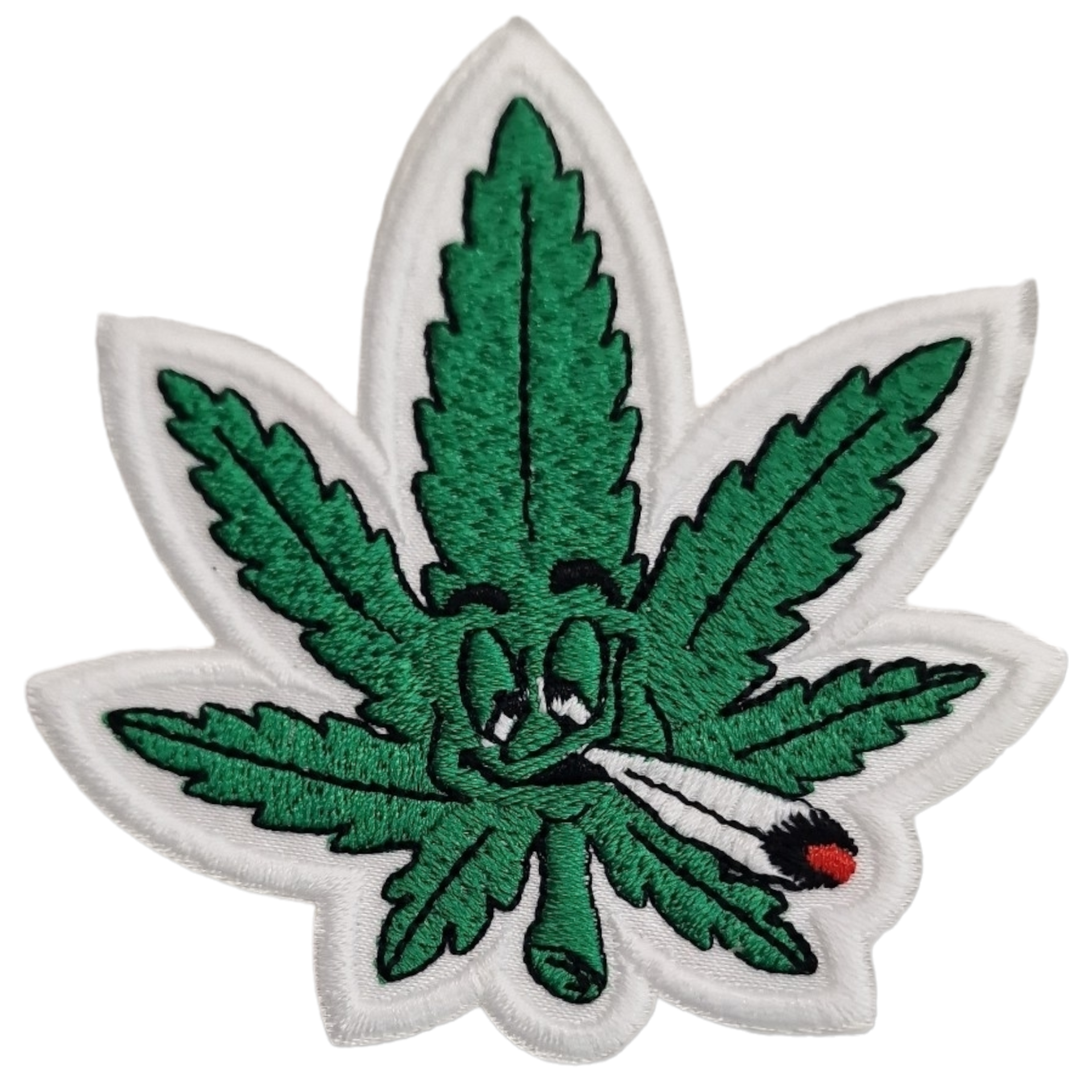 Patch bordado em forma de folha de cannabis verde com olhos e cigarro