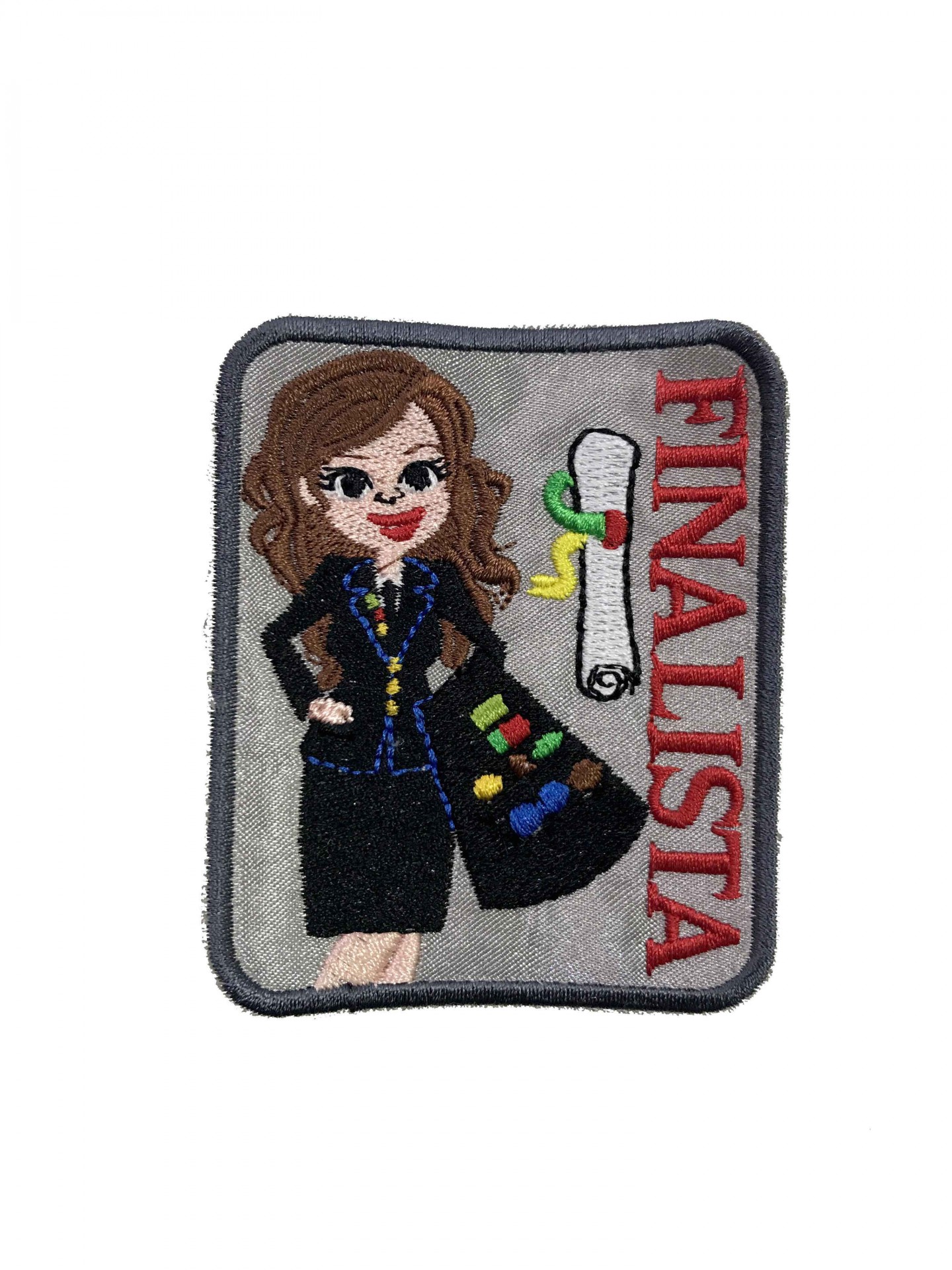 Emblema bordado FINALISTA com mulher e diploma