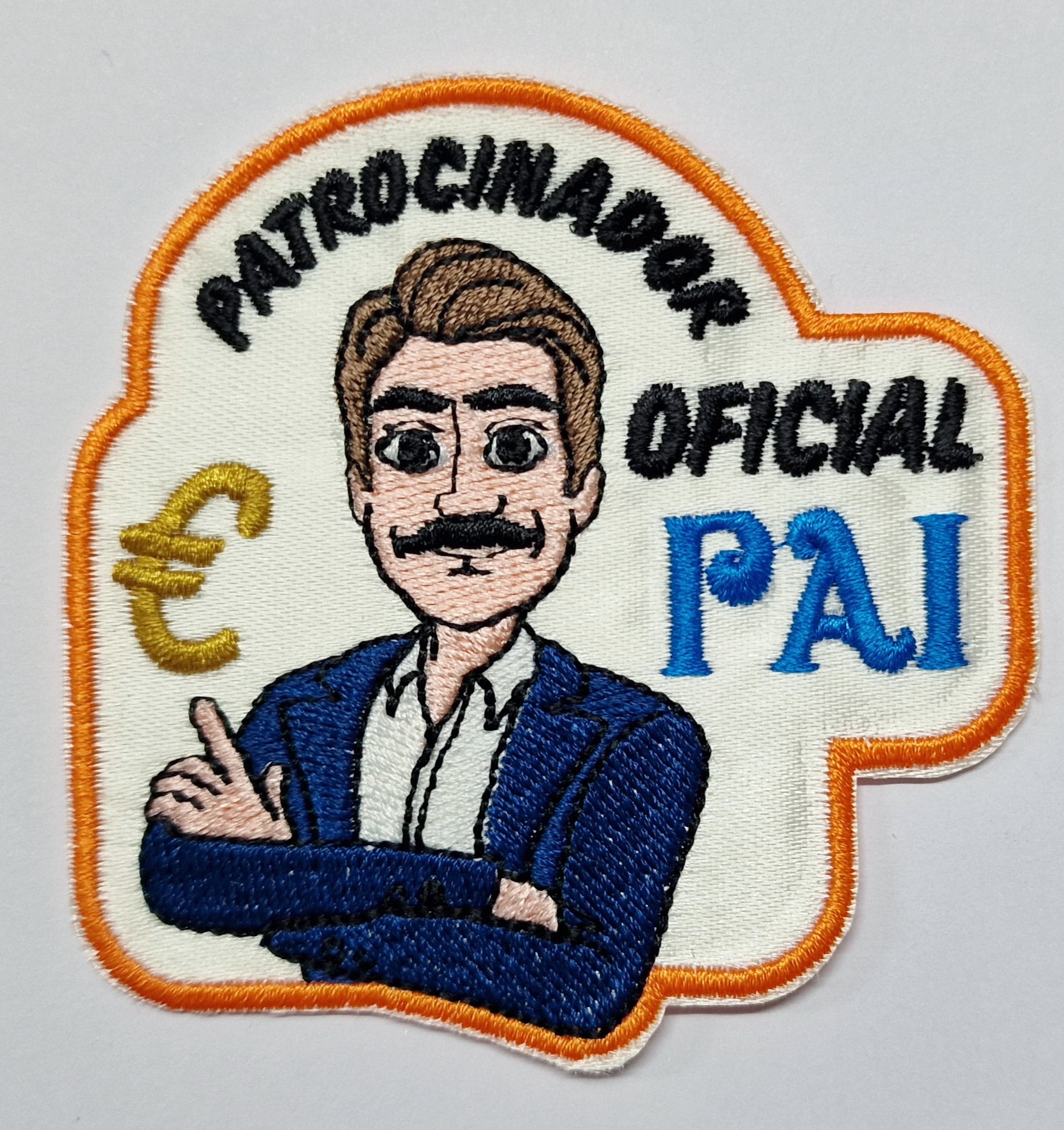 Emenda bordada com homem e texto PATROCINADOR OFICIAL PAI