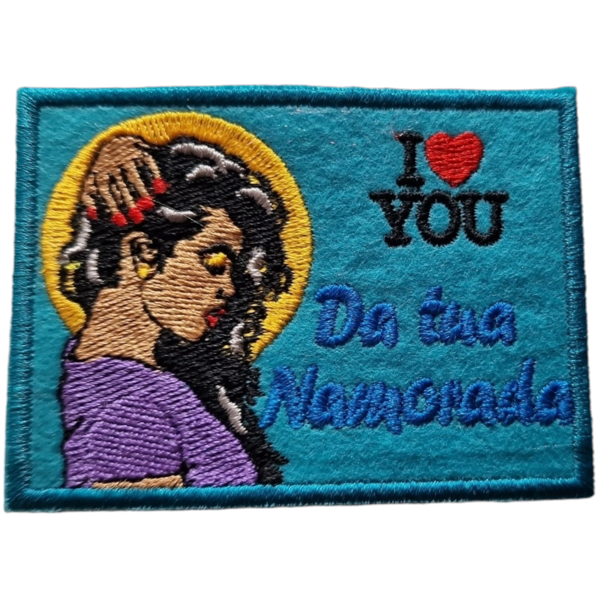 Emblema bordado com figura feminina e texto I ❤️ YOU Da tua Namorada